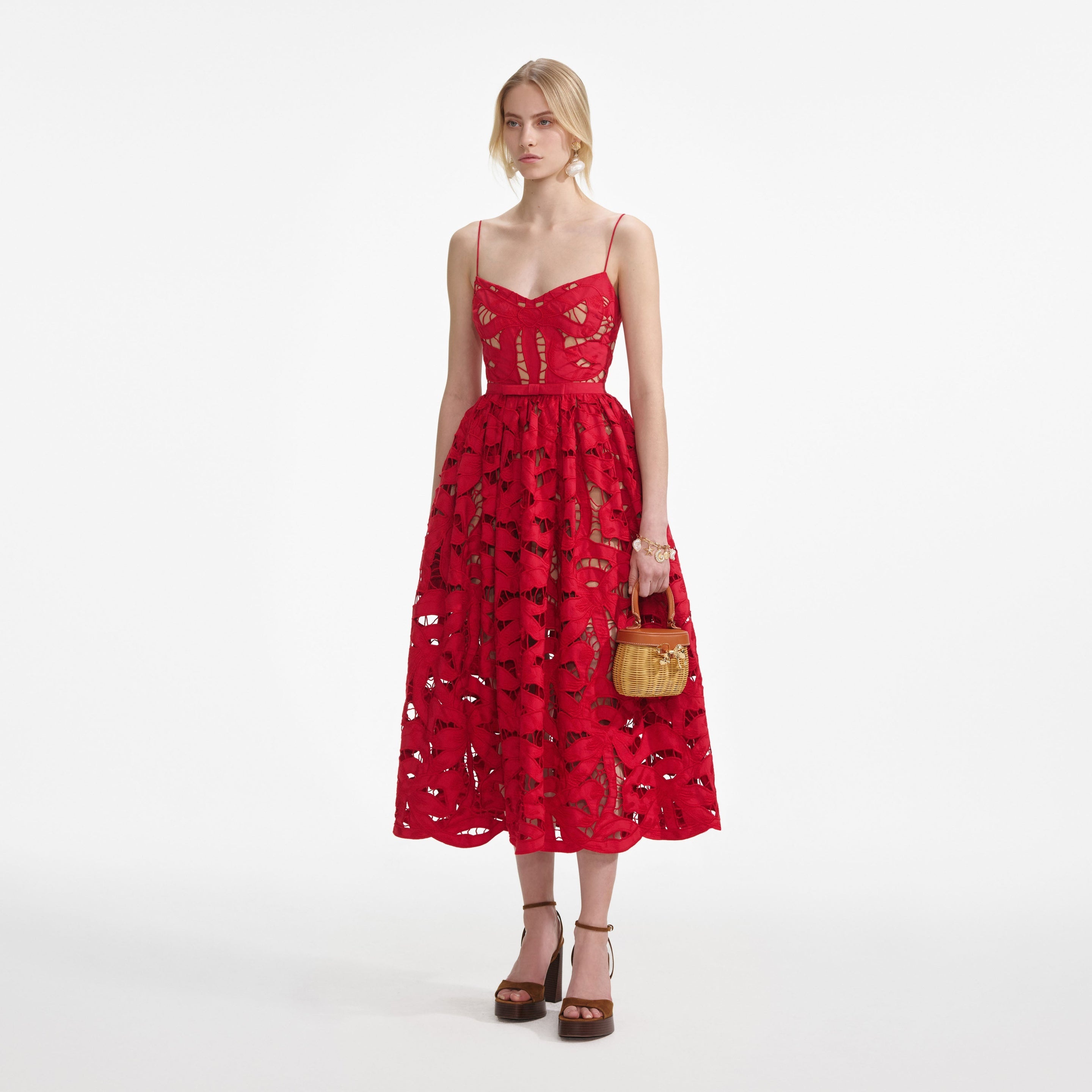 Red Bow Embroidered Midi Dress - 2