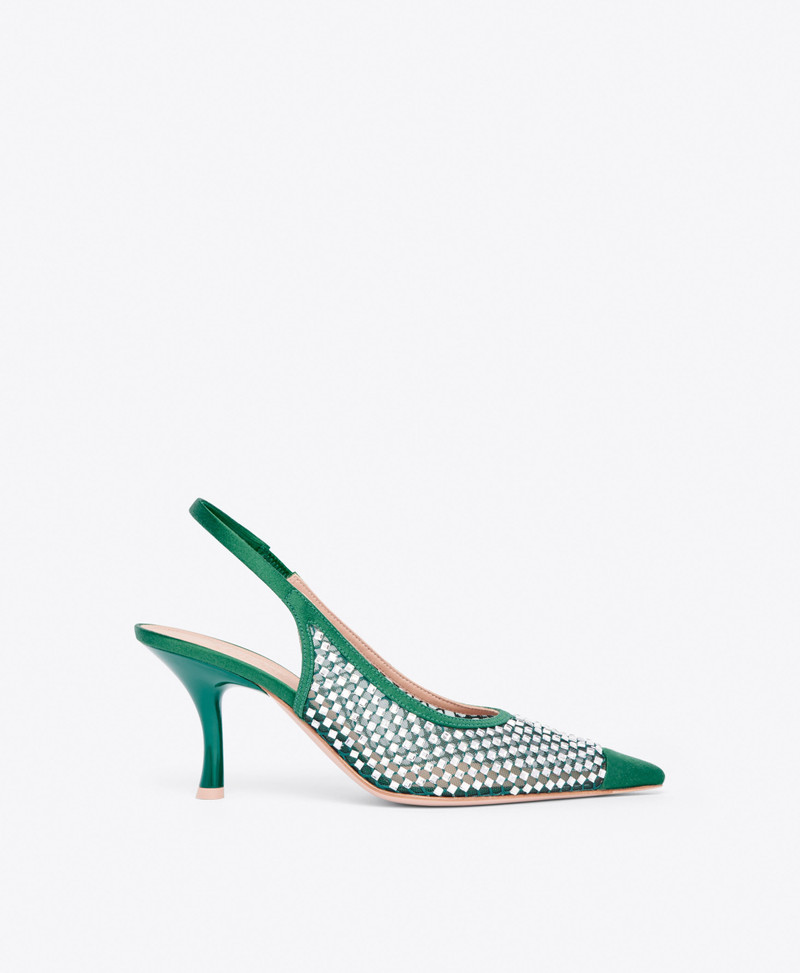 Vesper 70 Green Crystal Satin Slingbacks 1