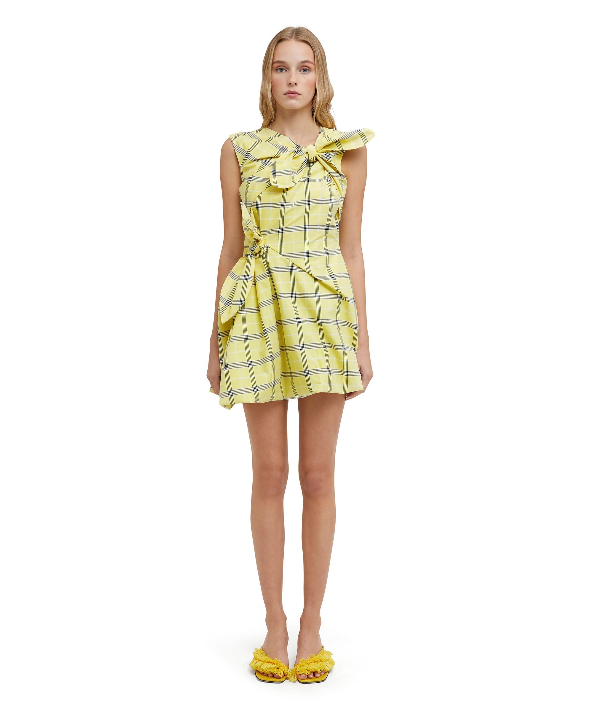 Poplin check short draped dress with bows - 2