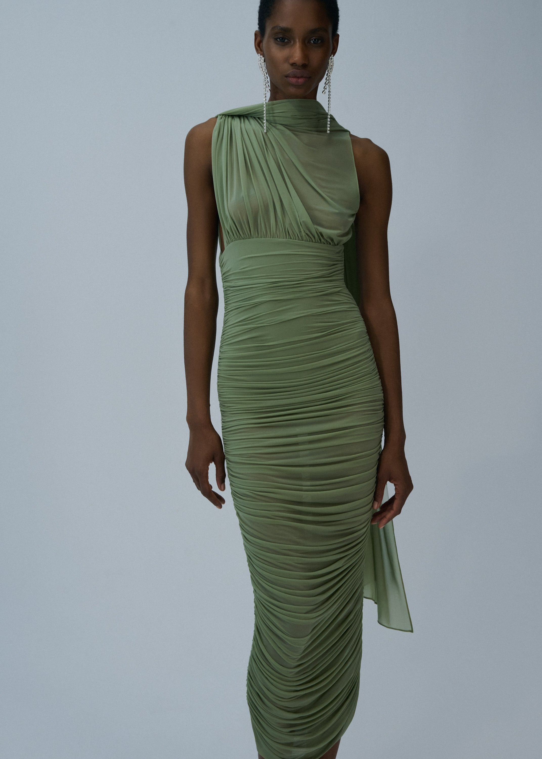Sheer draped midi dress in green - 3