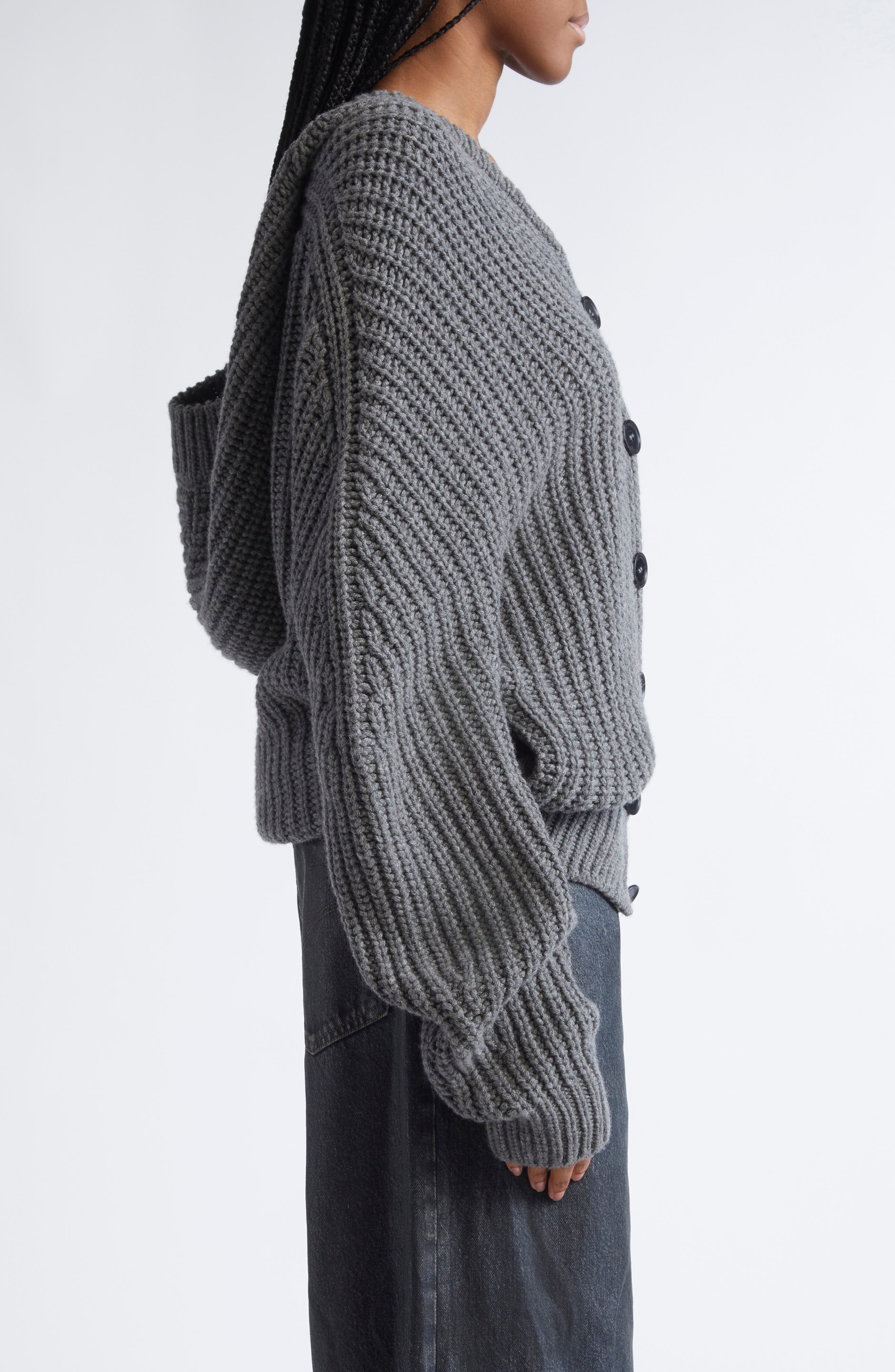 Stella McCartney Hooded Oversize Recycled Cashmere & Virgin Wool Rib Cardigan in Dark Grey Melange a - 4