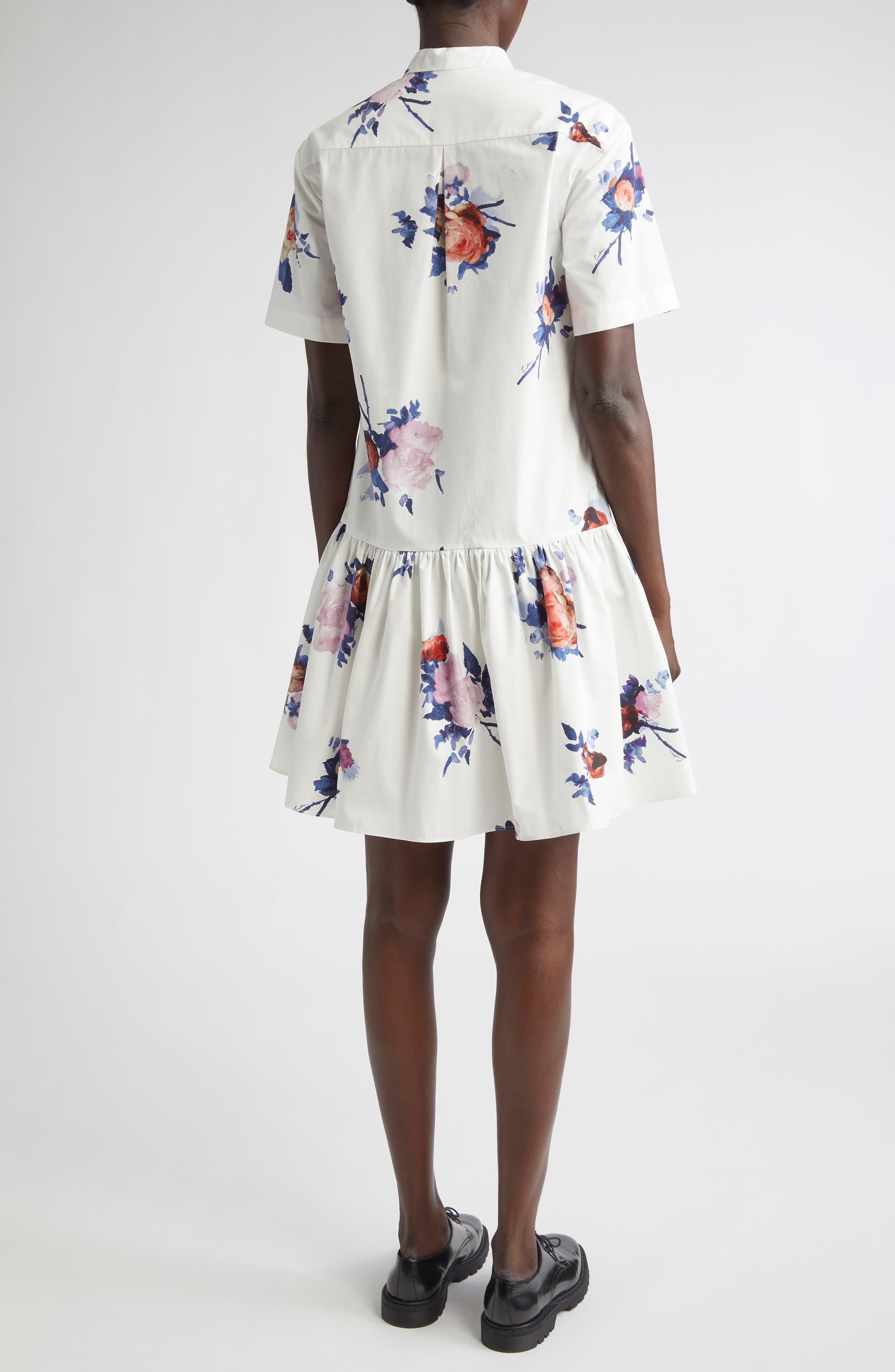 Erdem Short Sleeve Cotton Poplin Mini Shirtdress in Painted Rose Bouquet White at Nordstrom - 2