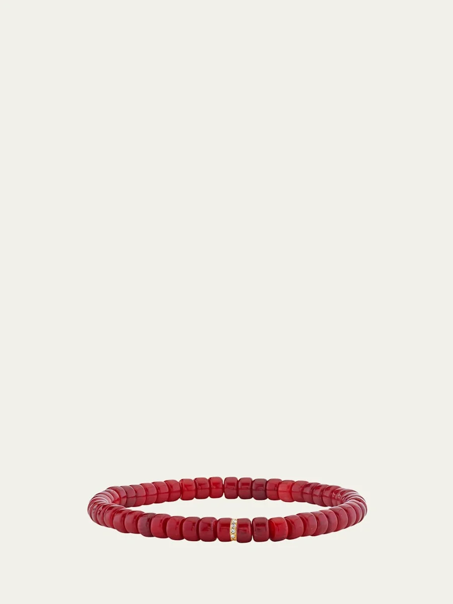 4mm Red Heishi Bead and Diamond Rondelle Stretch Bracelet - 1