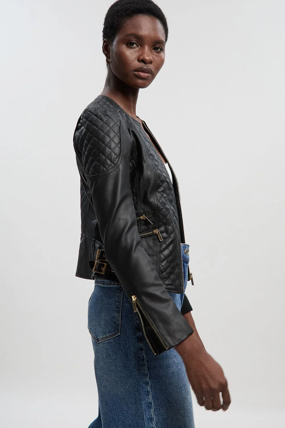 Leather Quilted Biker Jacket - 1