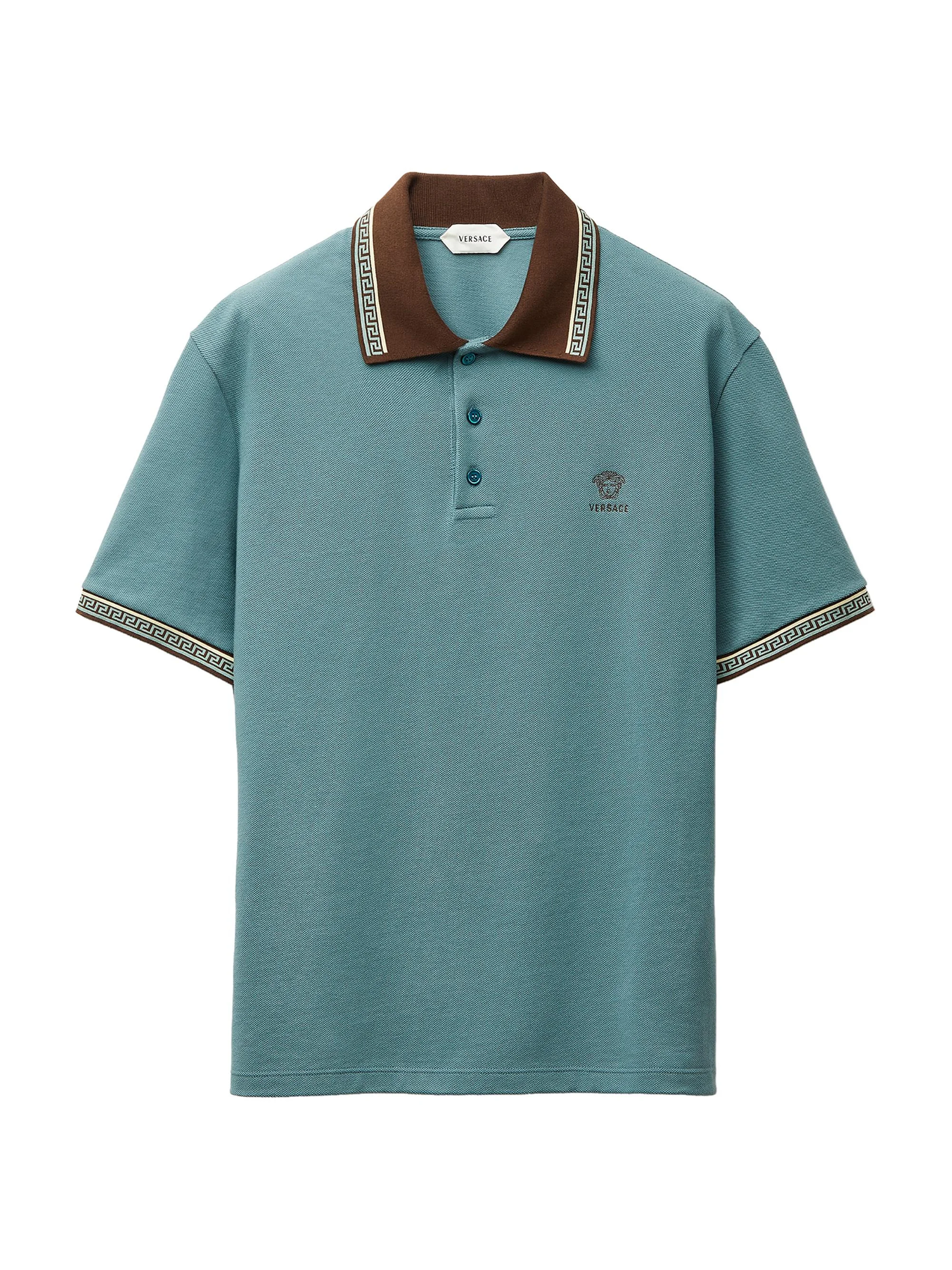 Men's Greca Medusa-Embroidered Cotton Piqué Polo Shirt - Dark Sage Brown - 1