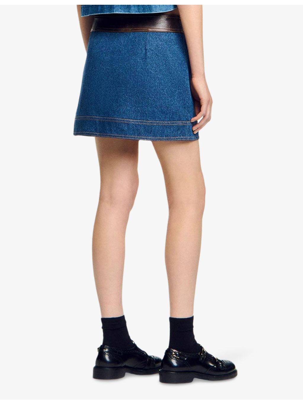 Leather-Trim Mid-Rise Denim Mini Skirt - 4