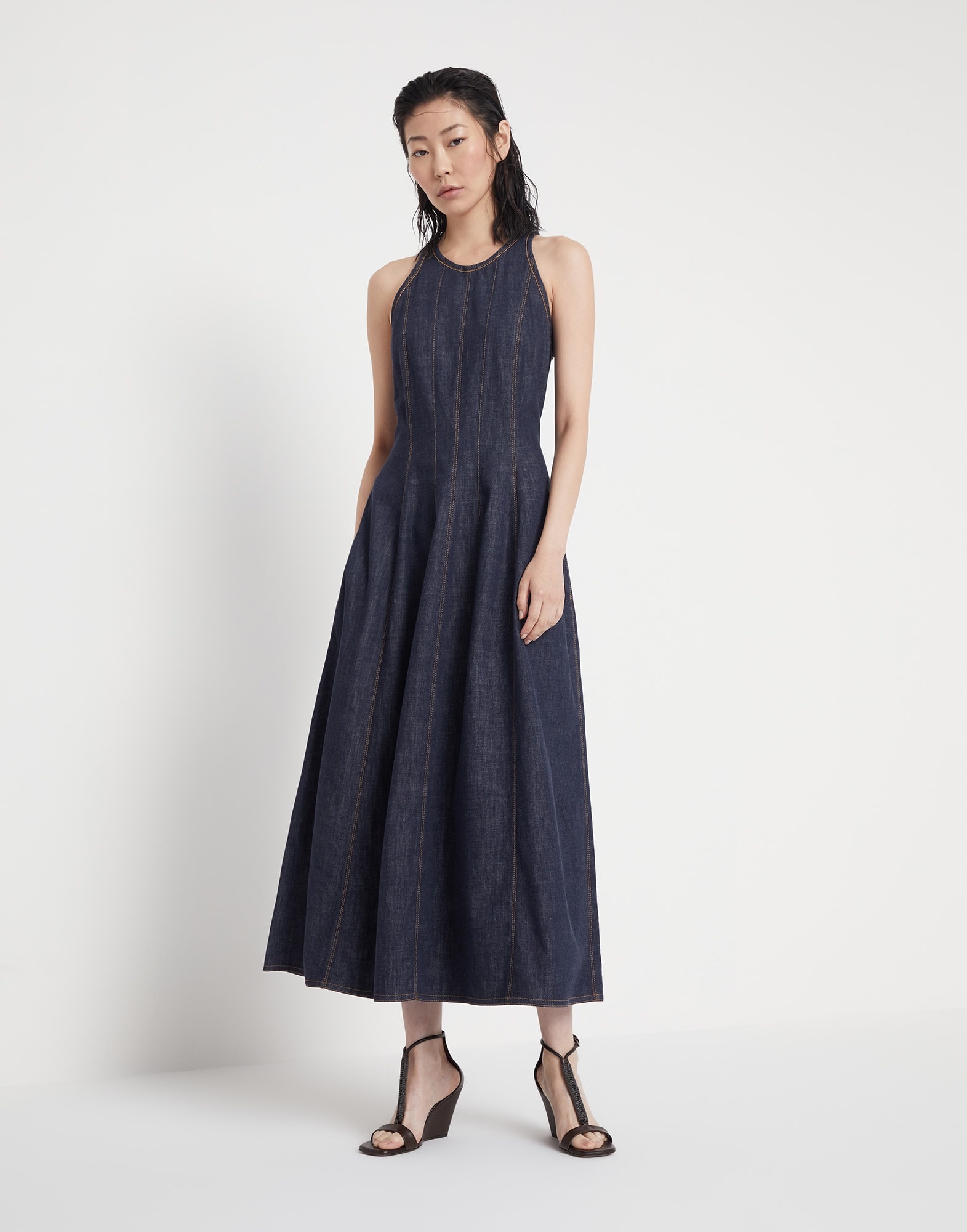 Lightweight wet-effect denim dress with shiny trims - 1