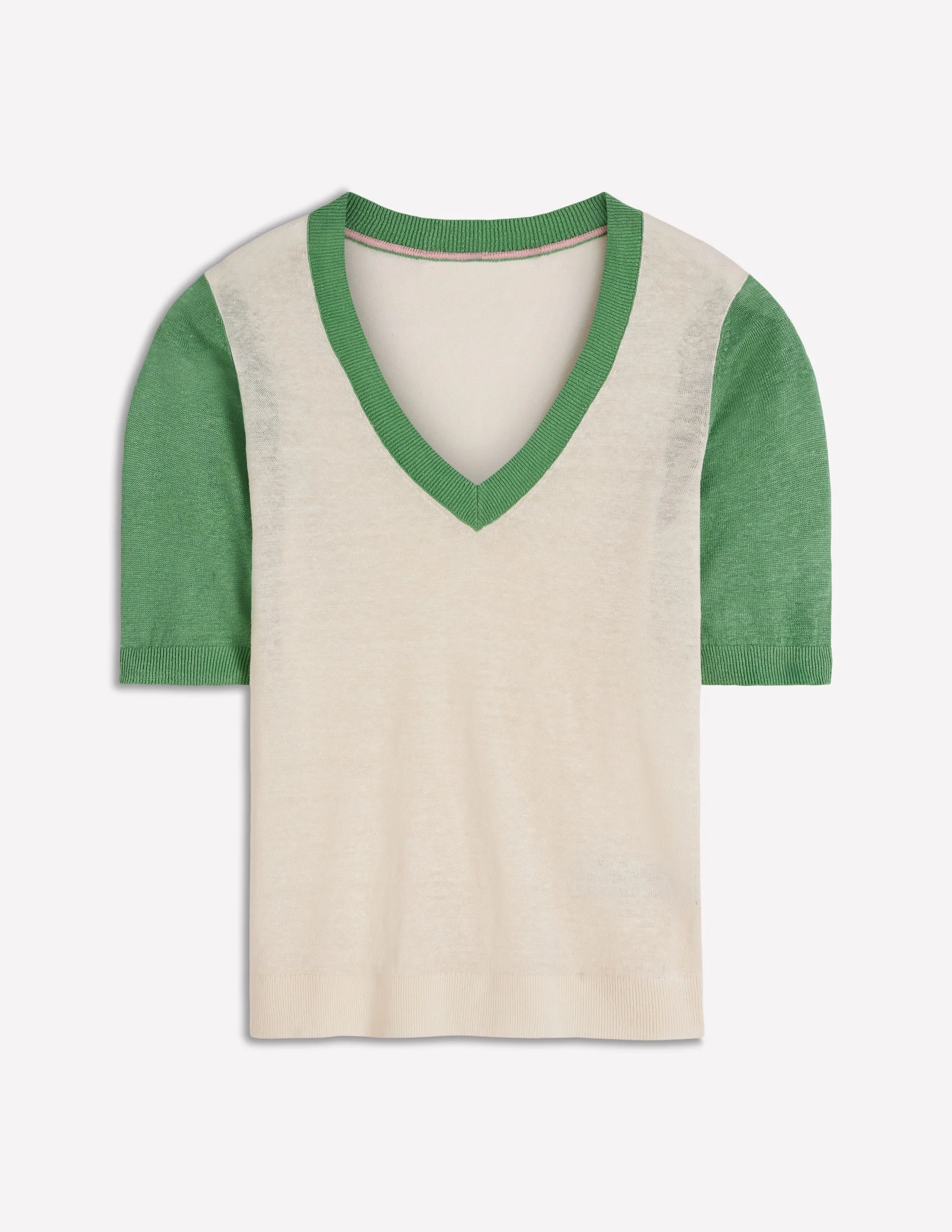 Agnes Linen V Neck T-Shirt-Ivory/ Green - 1