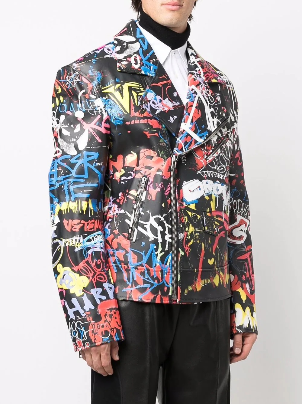 Graffiti-print leather biker jacket - 4