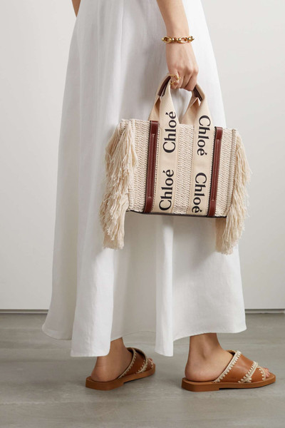 Chloé Woody small leather-trimmed fringed recycled cotton tote outlook