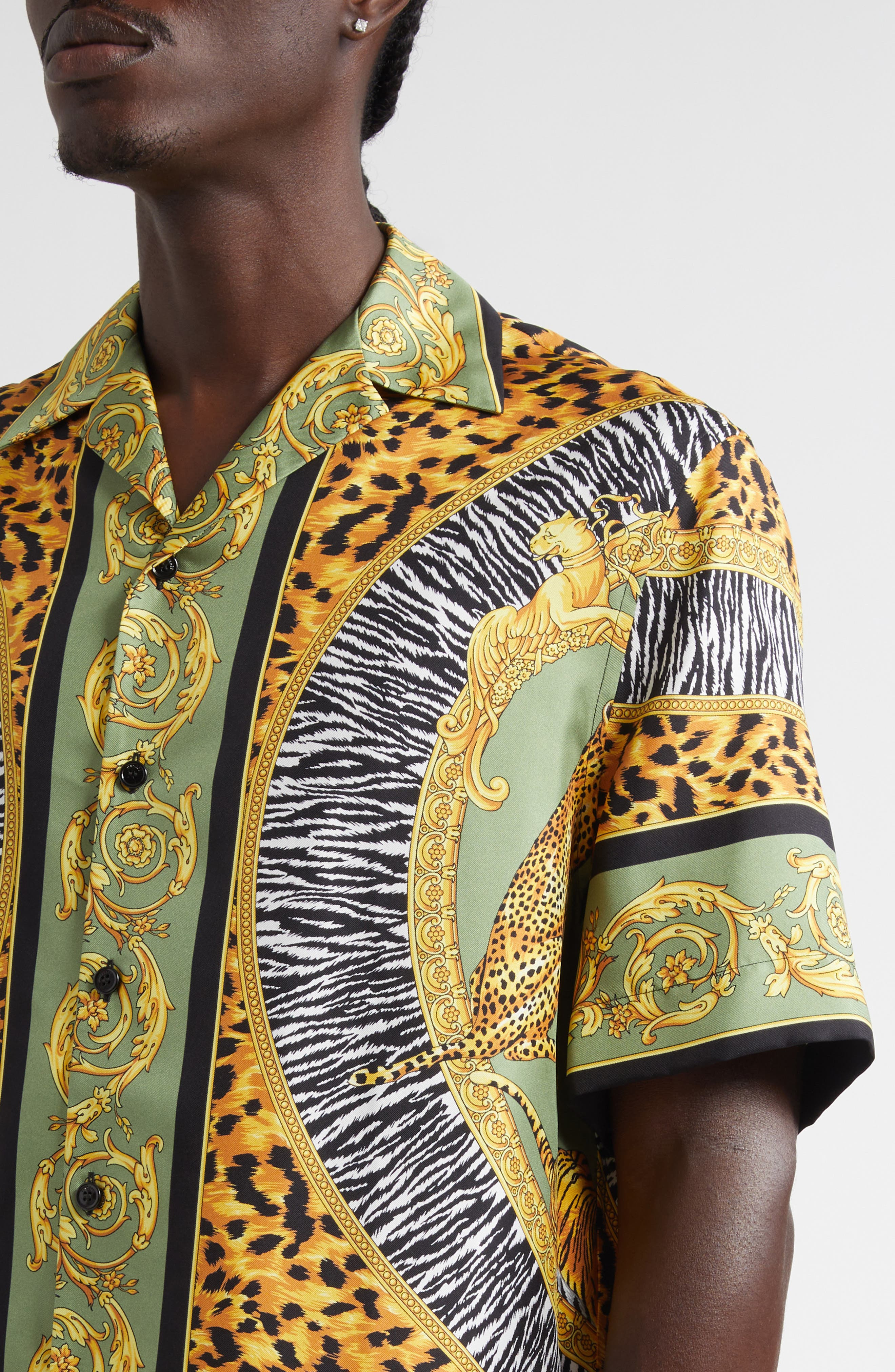 Versace Wild Cats Silk Camp Shirt in Green Black at Nordstrom - 4