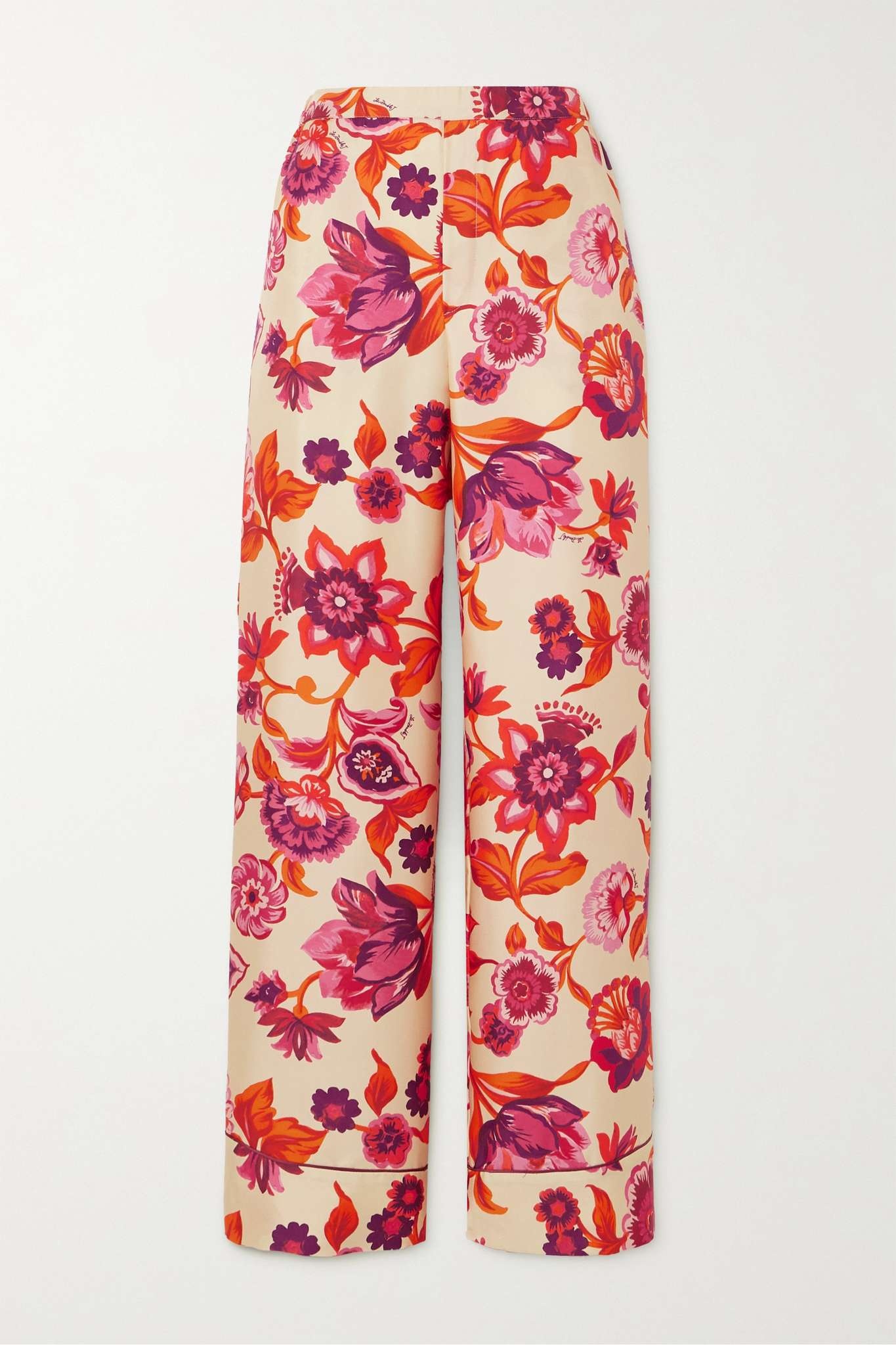 Floral-print silk-twill pajama pants - 1