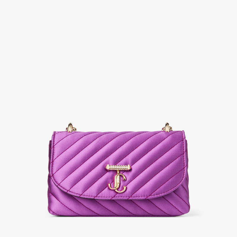 Curve Cross Body Small Violet Orchid Quilted Satin Crossbody with Crystal JC Bar 1