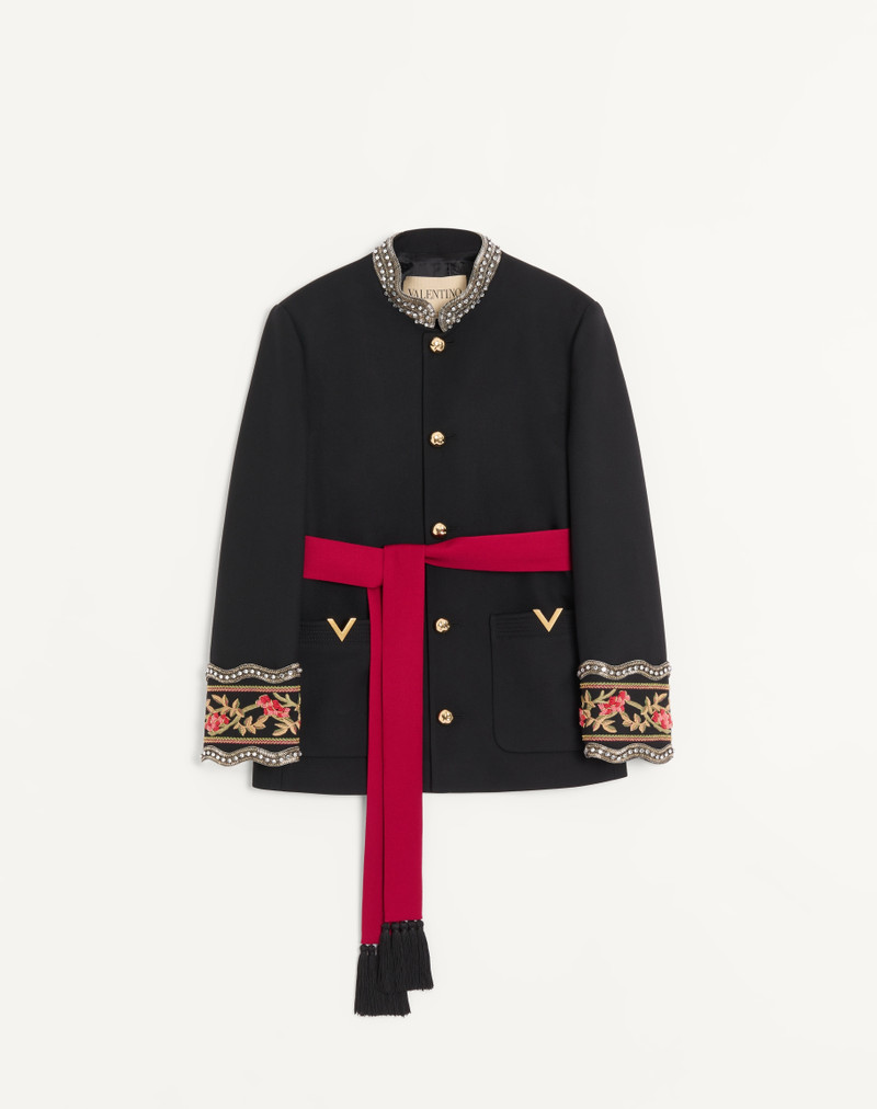 VALENTINO EMBROIDERED JACKET WITH BELT IN WOOL GABARDINE WITH VGOLD 1