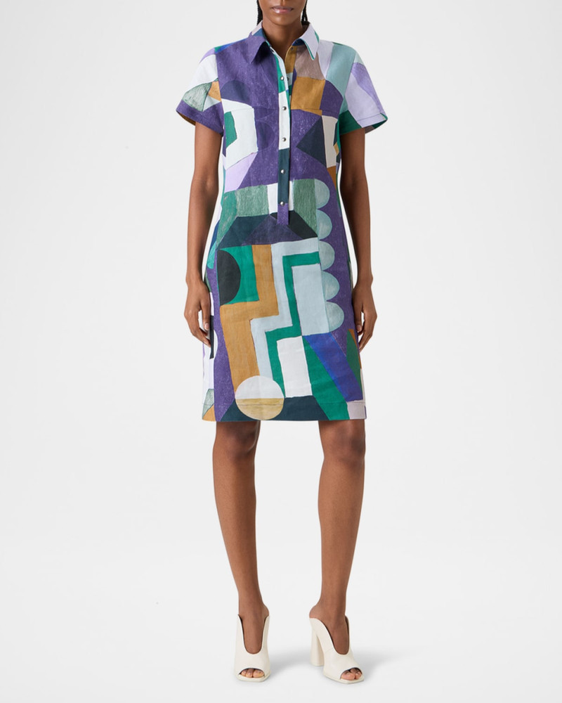 AKRIS Abstract-Print Linen Short-Sleeve Polo Dress outlook