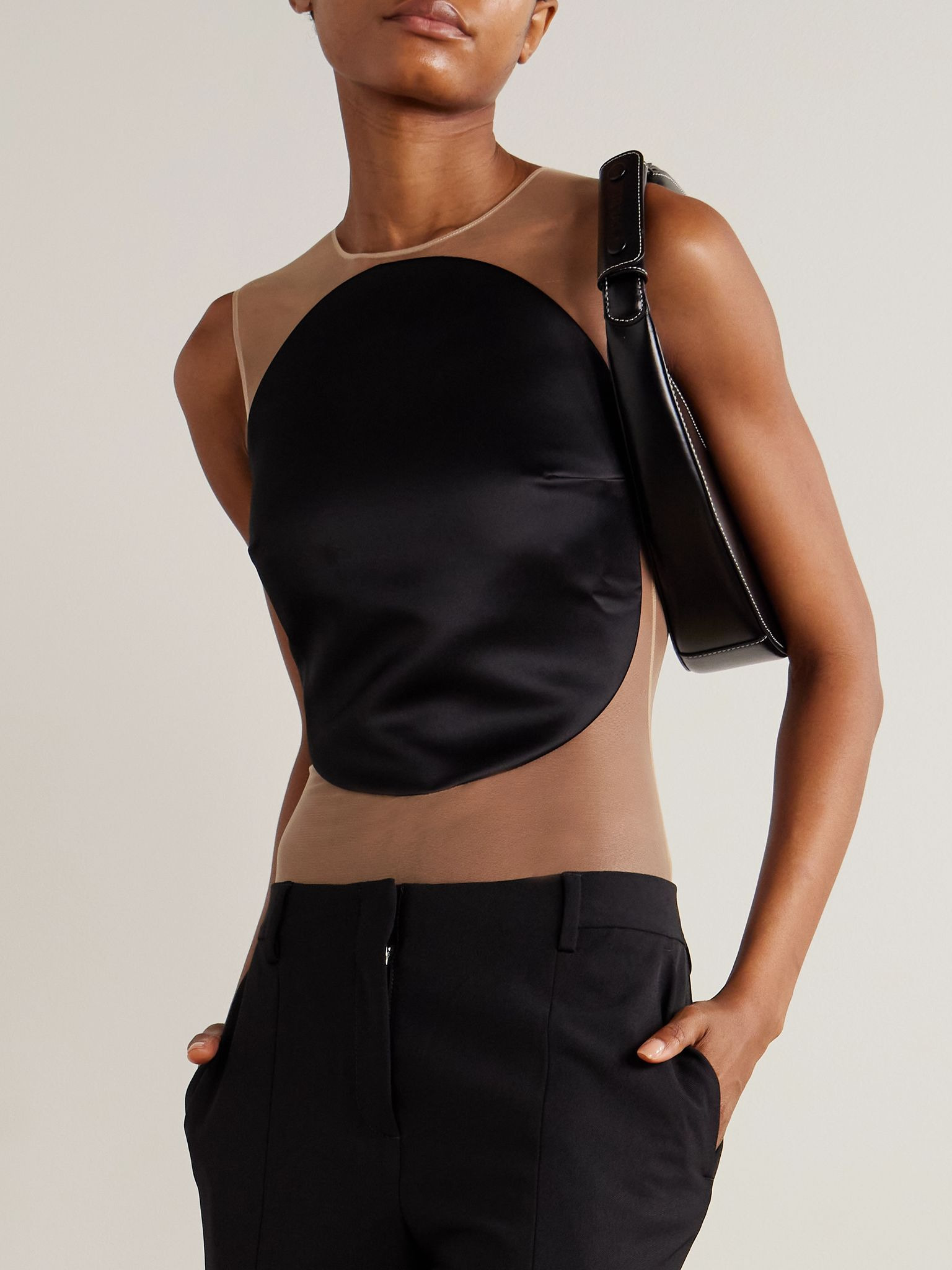 Illusion mesh and duchesse-satin bodysuit Black - 3