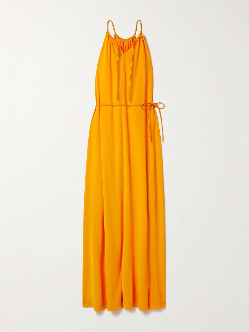 Lenny leather-trimmed belted gathered jersey maxi dress 1