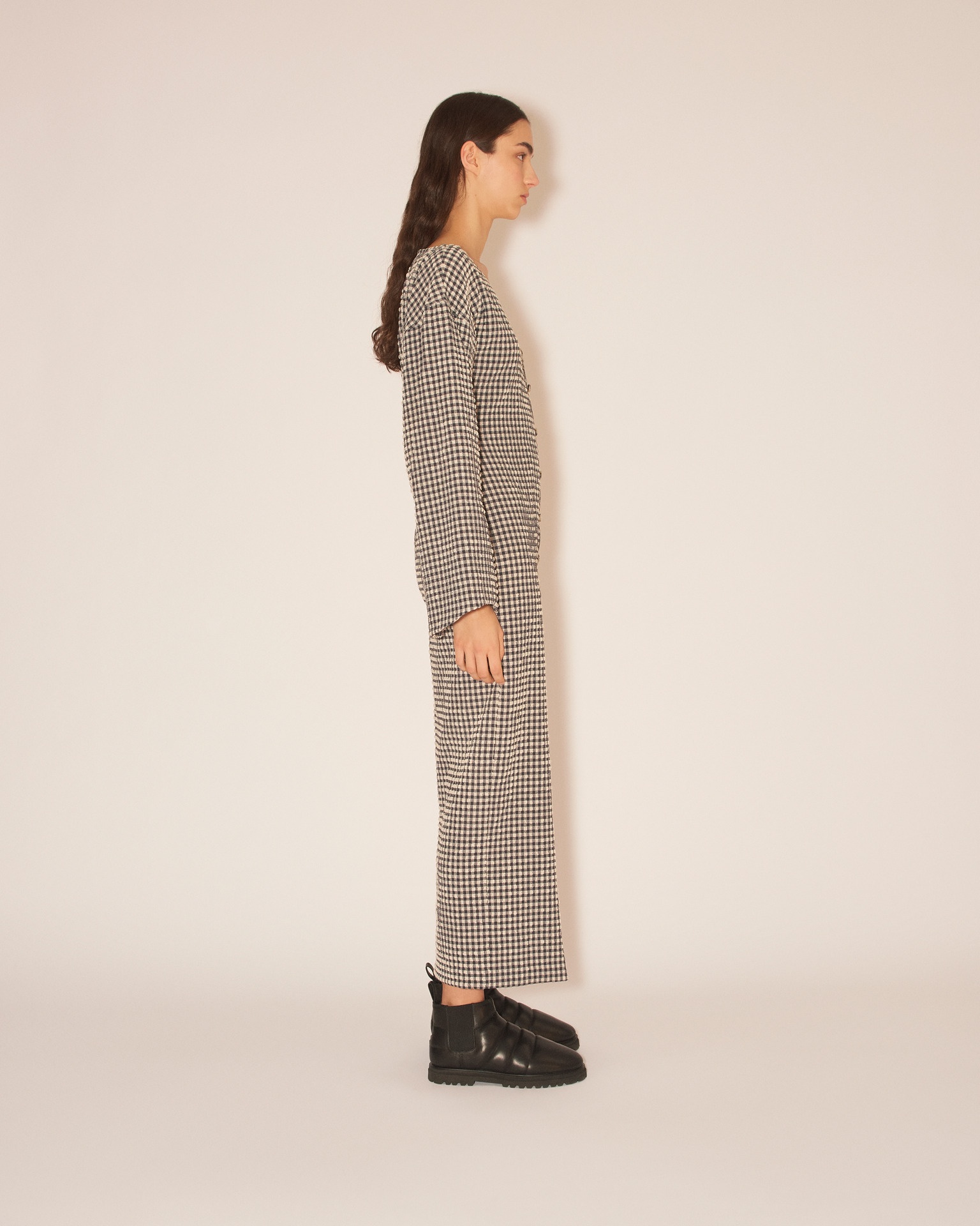 VERDA - Fitted button down seersucked check maxi dress - Navy/Creme - 4