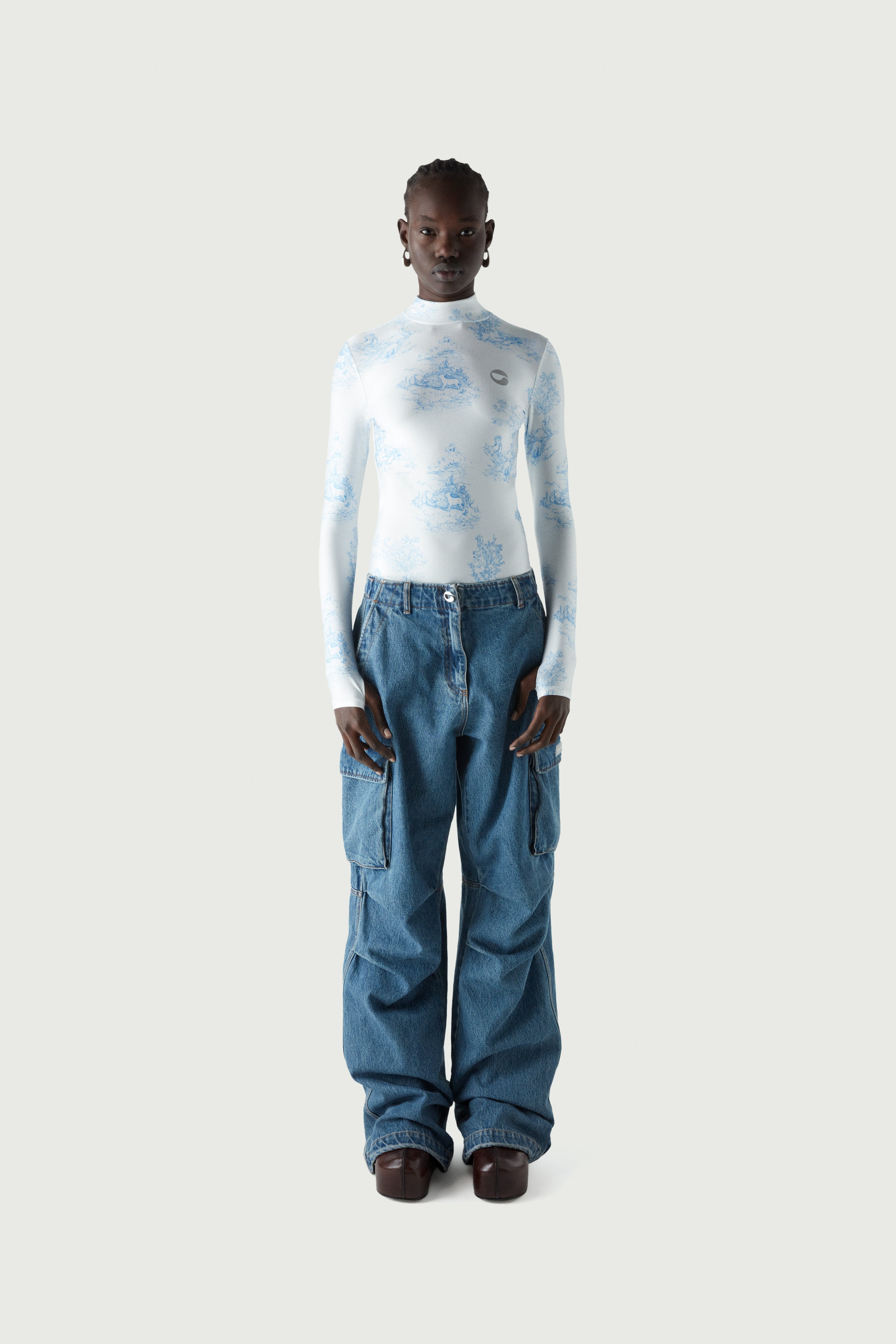 Denim Wide Leg Cargo Pants - 1