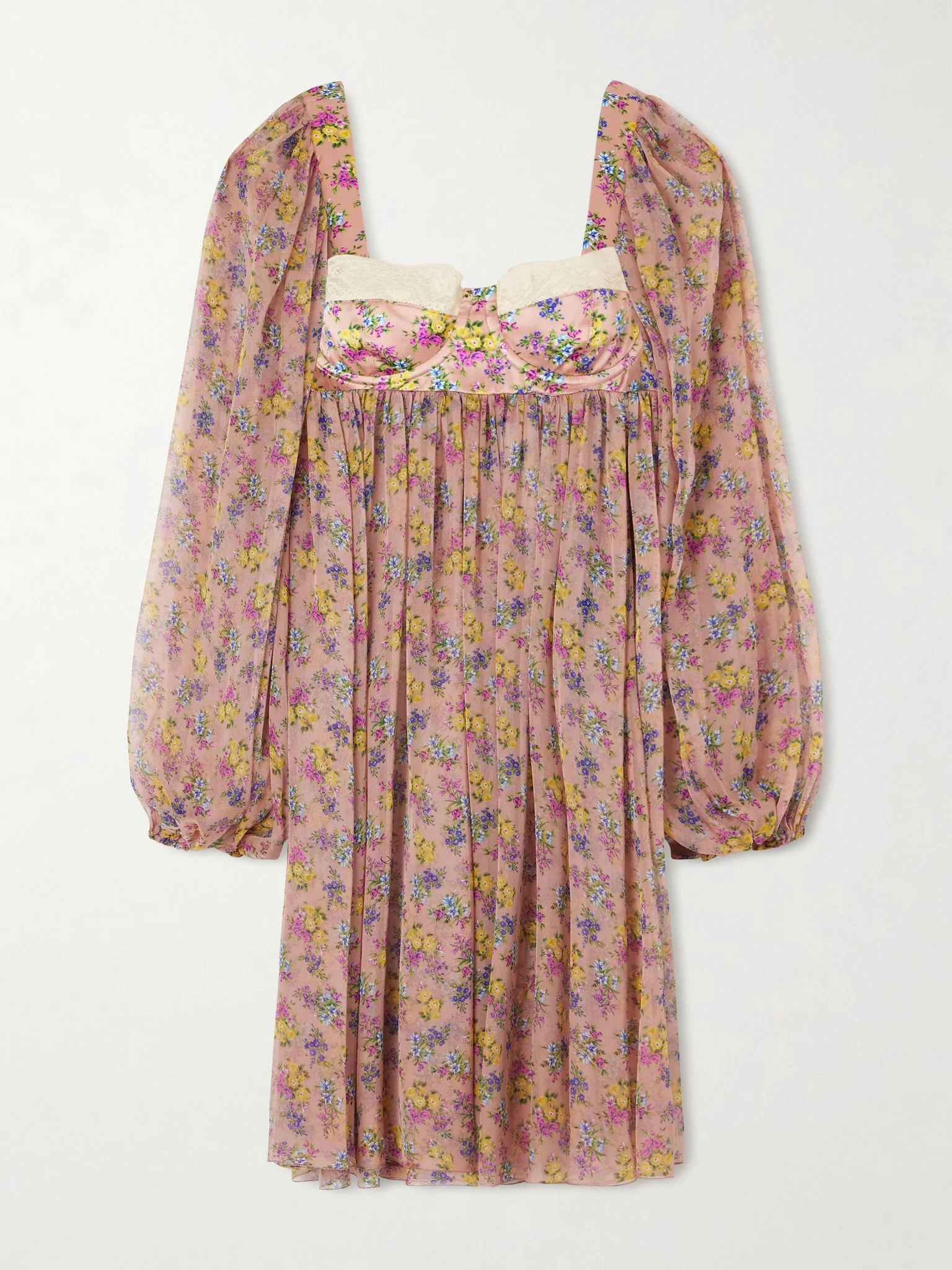 Lace-trimmed floral-print silk-blend satin and chiffon mini dress Pink - 1