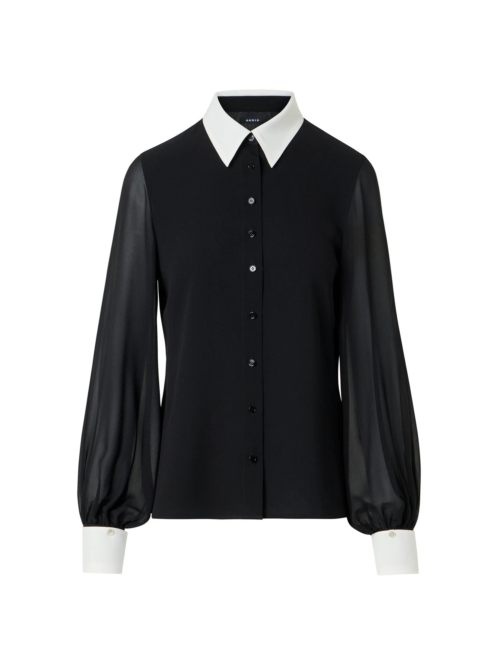 Women's Contrast-Collar Silk Georgette Blouse - Black Ecru - 1