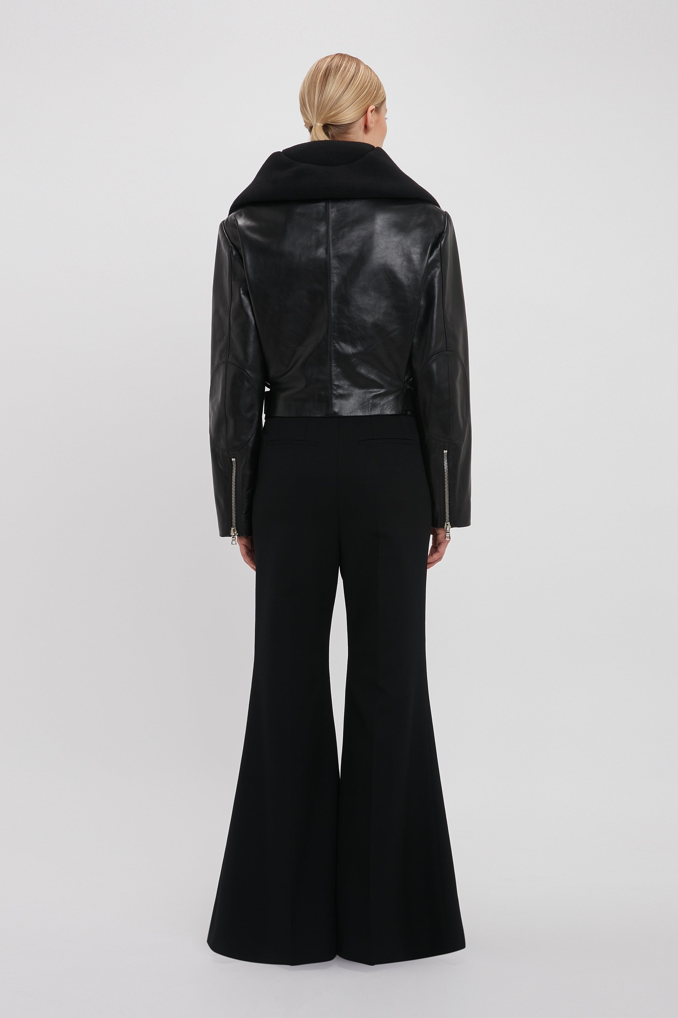 Cropped Belted Leather Biker Jacket In Black - 4