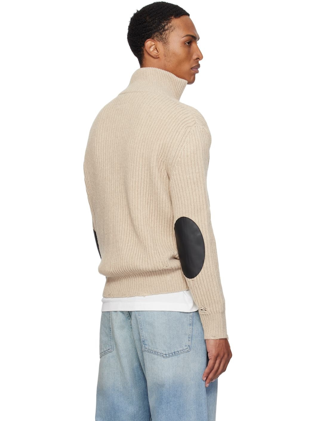 Beige Ribbed Knit Sweater - 3