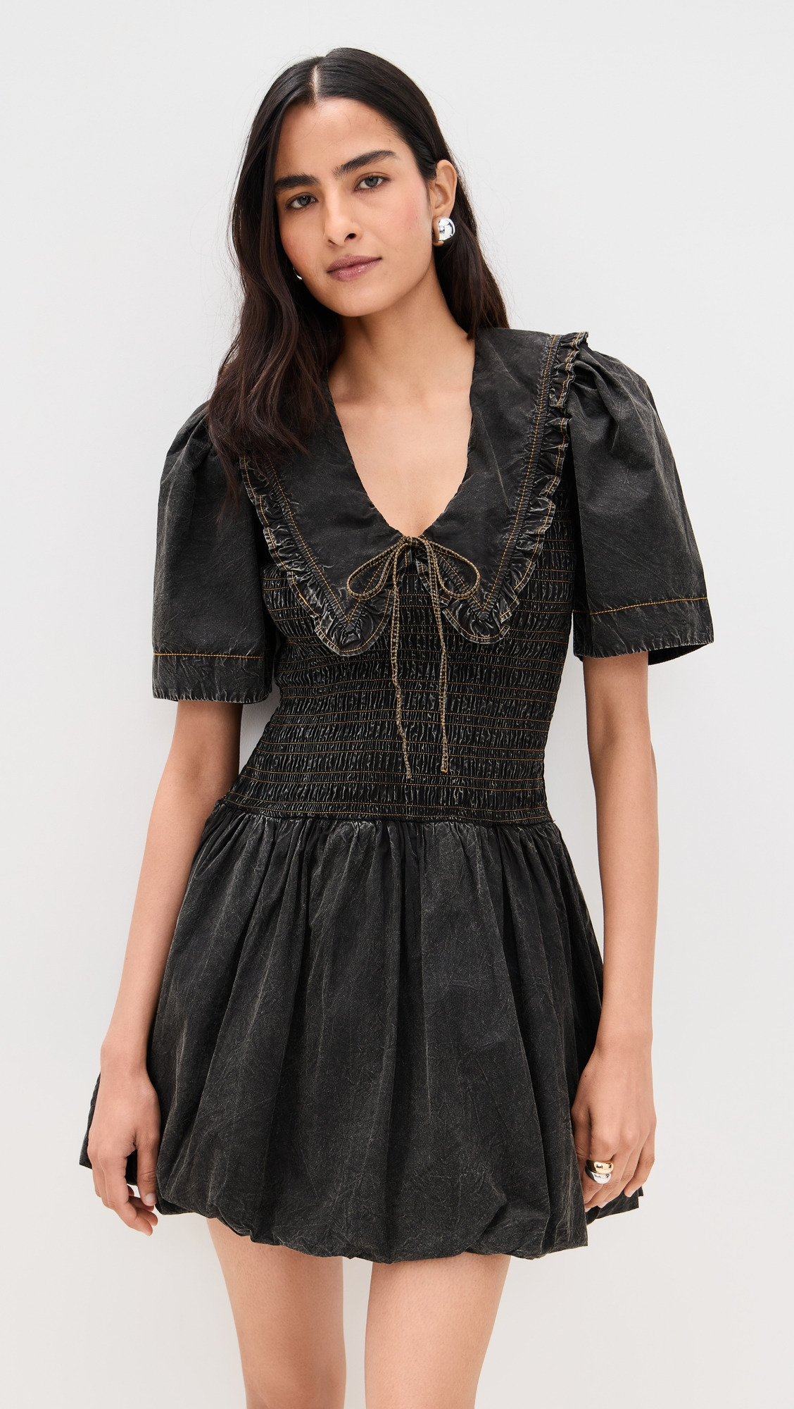 Garment Dyed Cotton Mini Smock Bubble Dress - 6