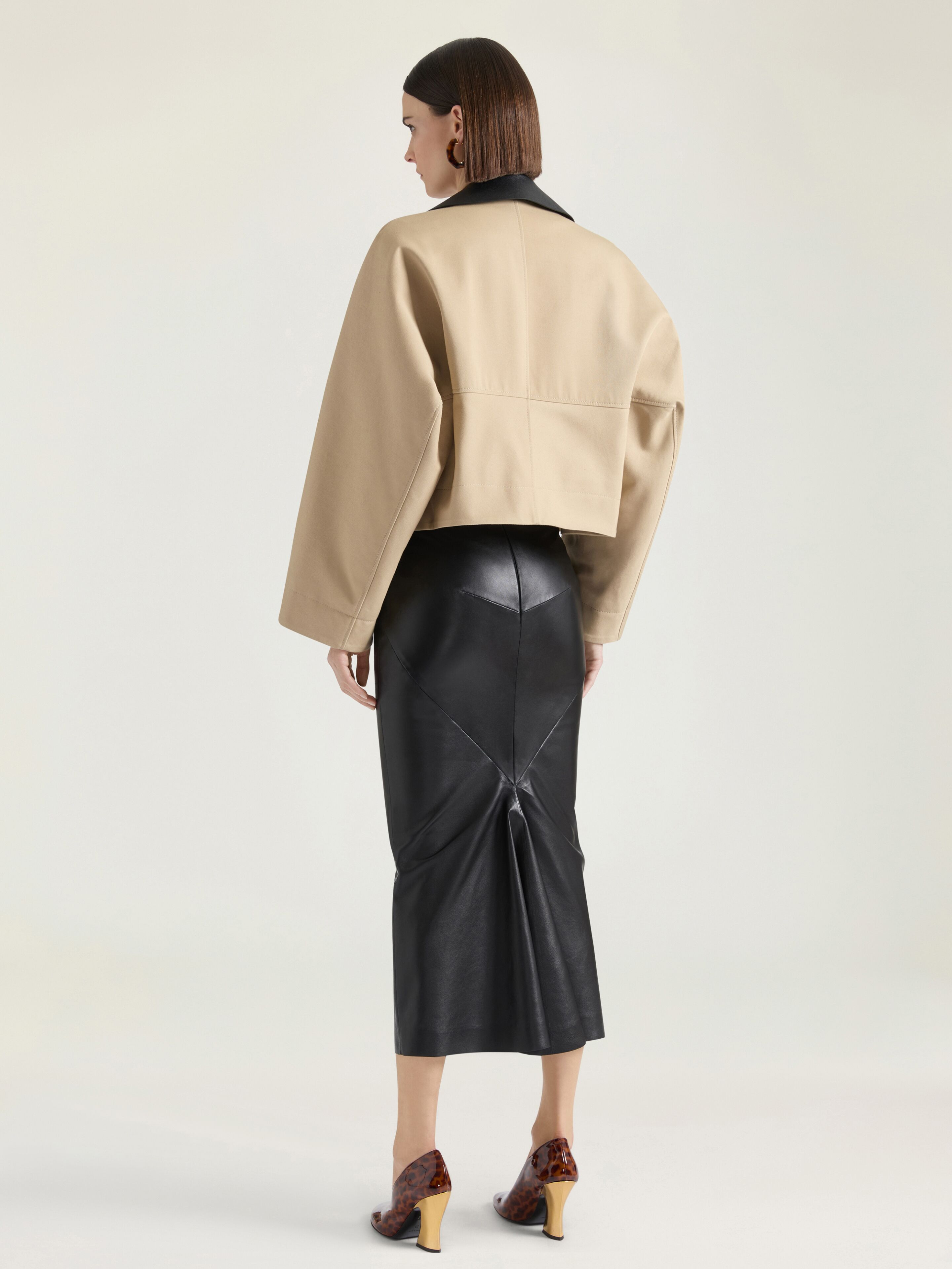 CROPPED PEACOAT WITH LEATHER COLLAR IN COTTON AND WOOL - 3