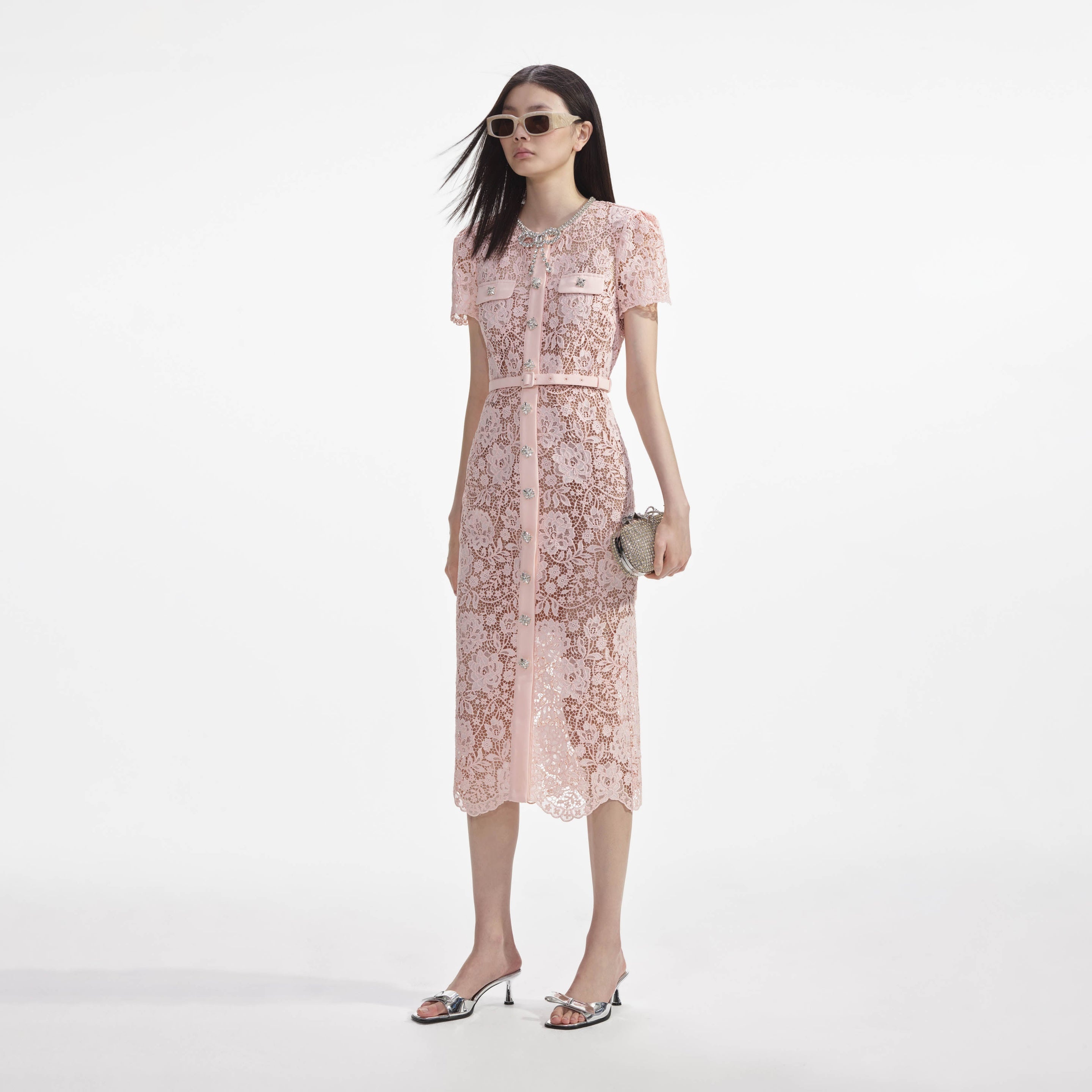 ◆関税込◆【Self-Portrait】Pink Lace Bow Trim Midi Dress Pink Lace Bow Trim Midi Dress – self-portrait-US