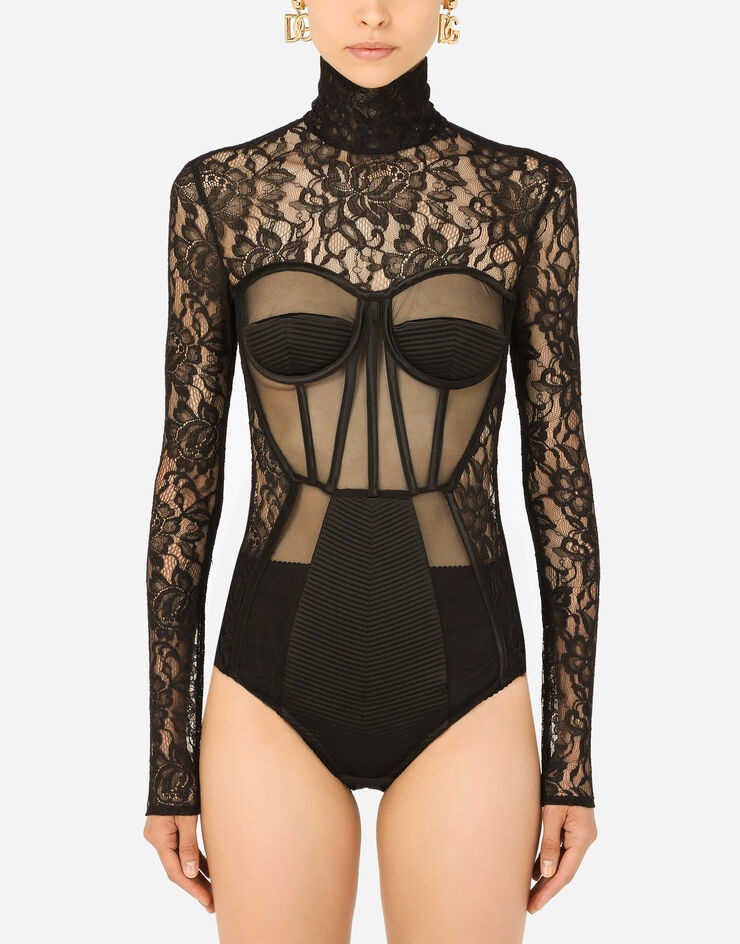 Long-sleeved tulle and lace bodysuit - 1