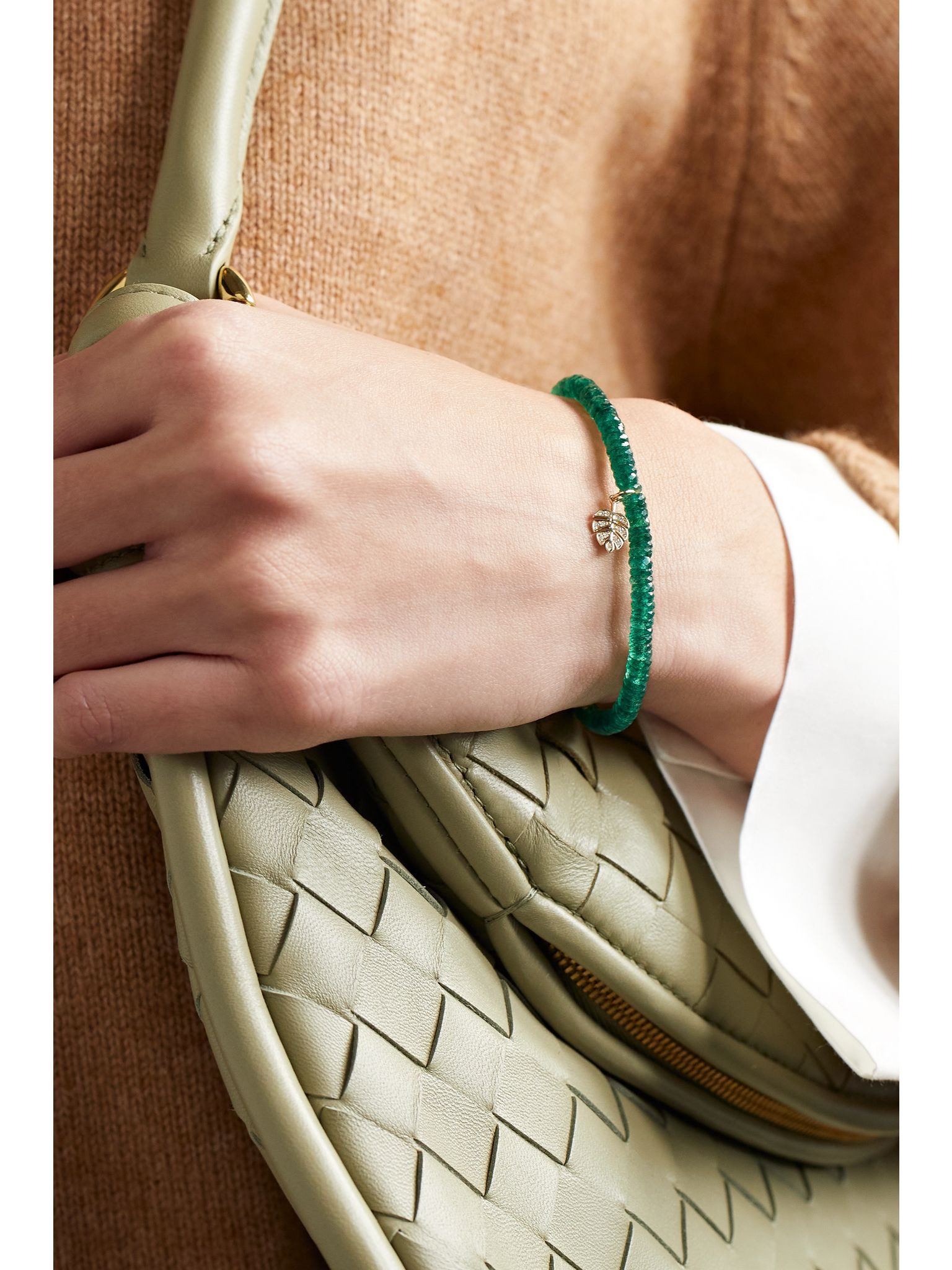 Tiny Monstera Leaf 14-karat gold, aventurine and diamond bracelet Gold - 2