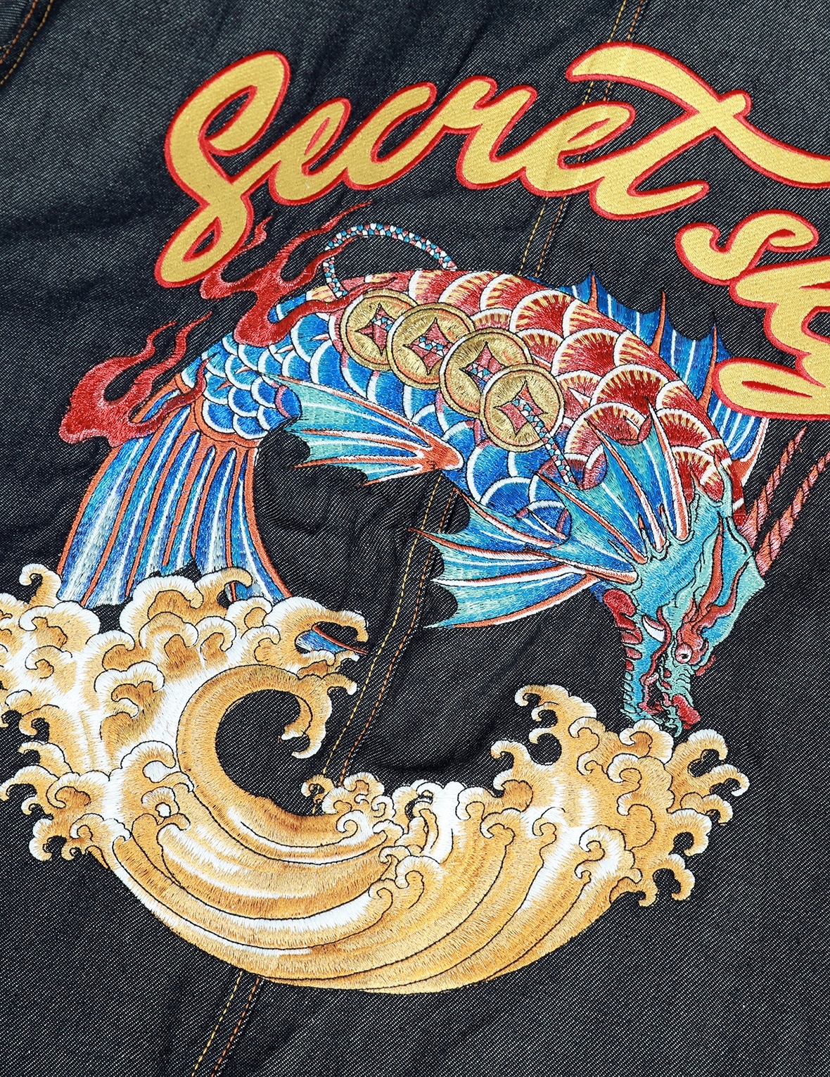 “KOI PLAYING IN WAVES" EMBROIDERY DENIM JACKET - 9