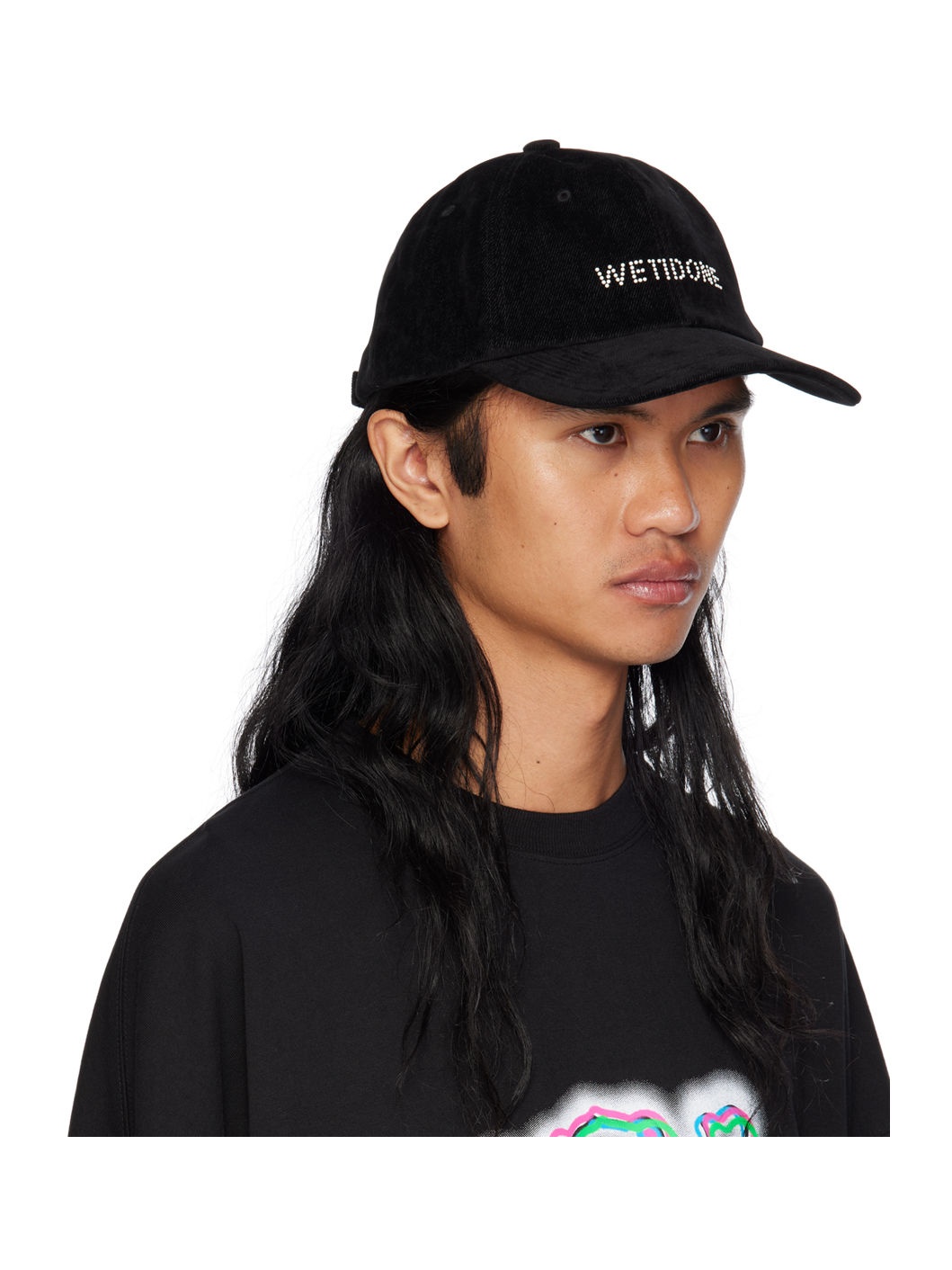 Black Flocked Denim Cap - 2