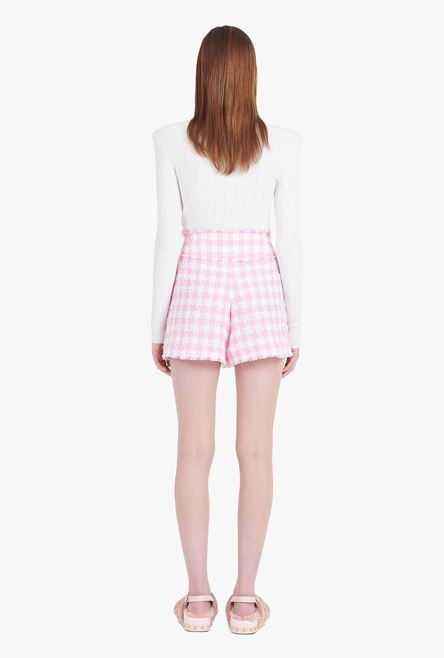 High-waisted white and pale pink tartan tweed shorts - 3