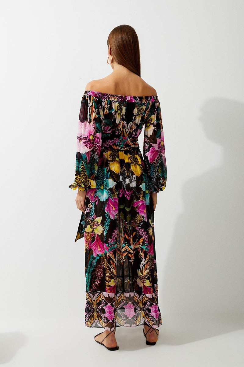 Mirrored Tropical Viscose Georgette Bardot Beach Maxi Dress 6