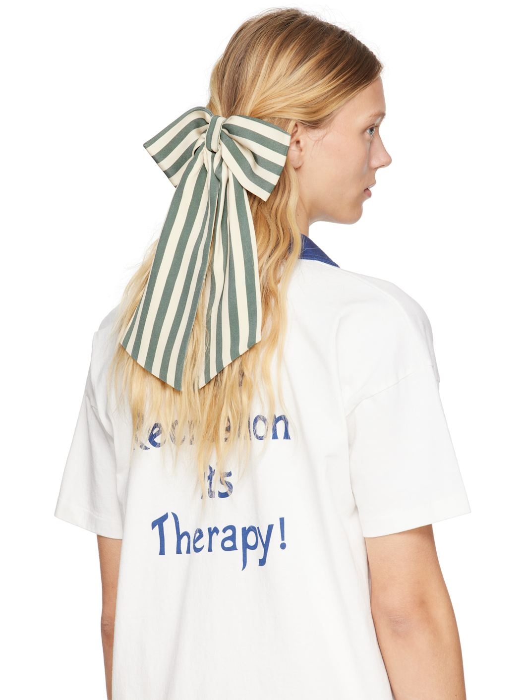 Green & Off-White Soda Stripe Bow Barrette - 3