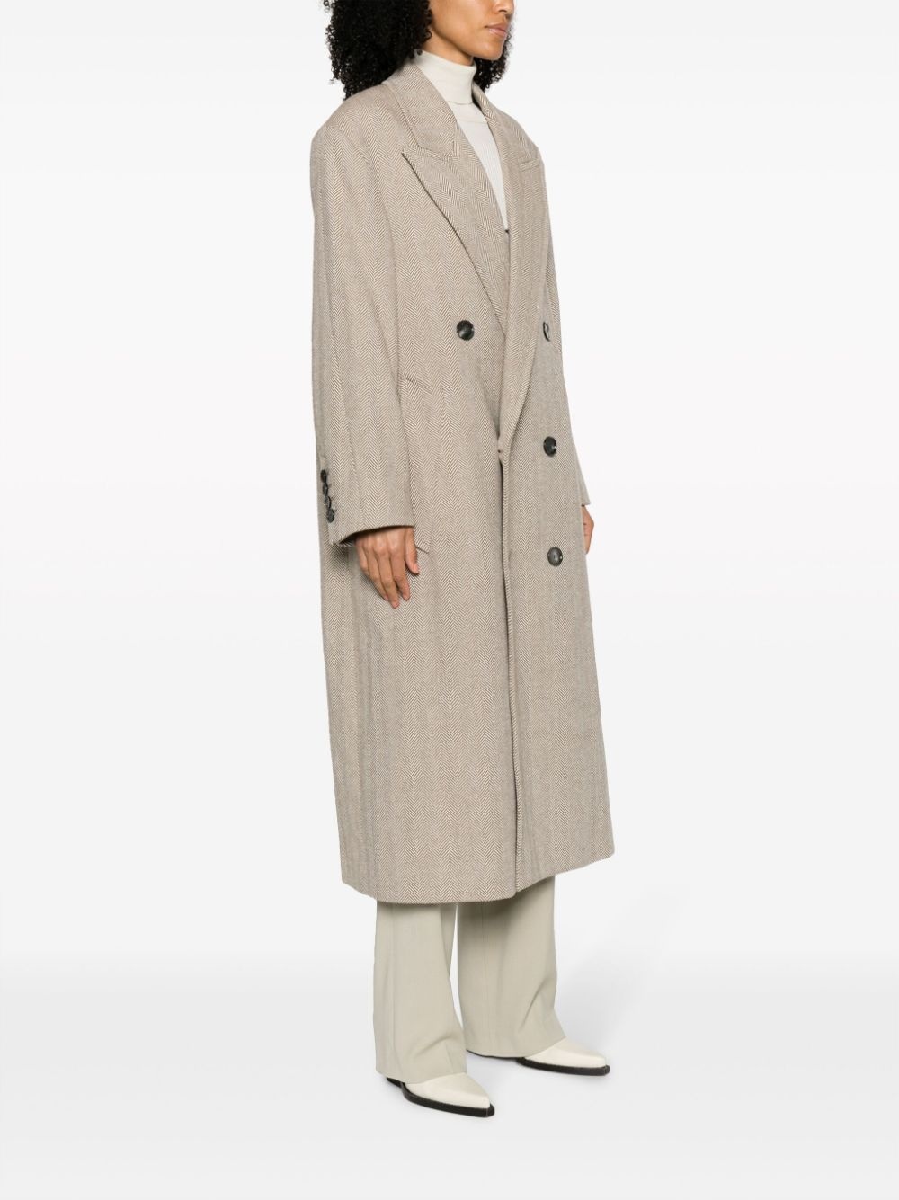 double-breasted herringboned long coat - 3