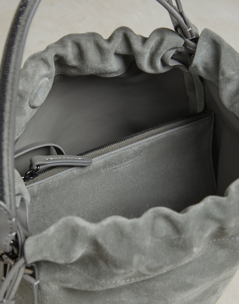 Suede bucket bag with precious handle 5