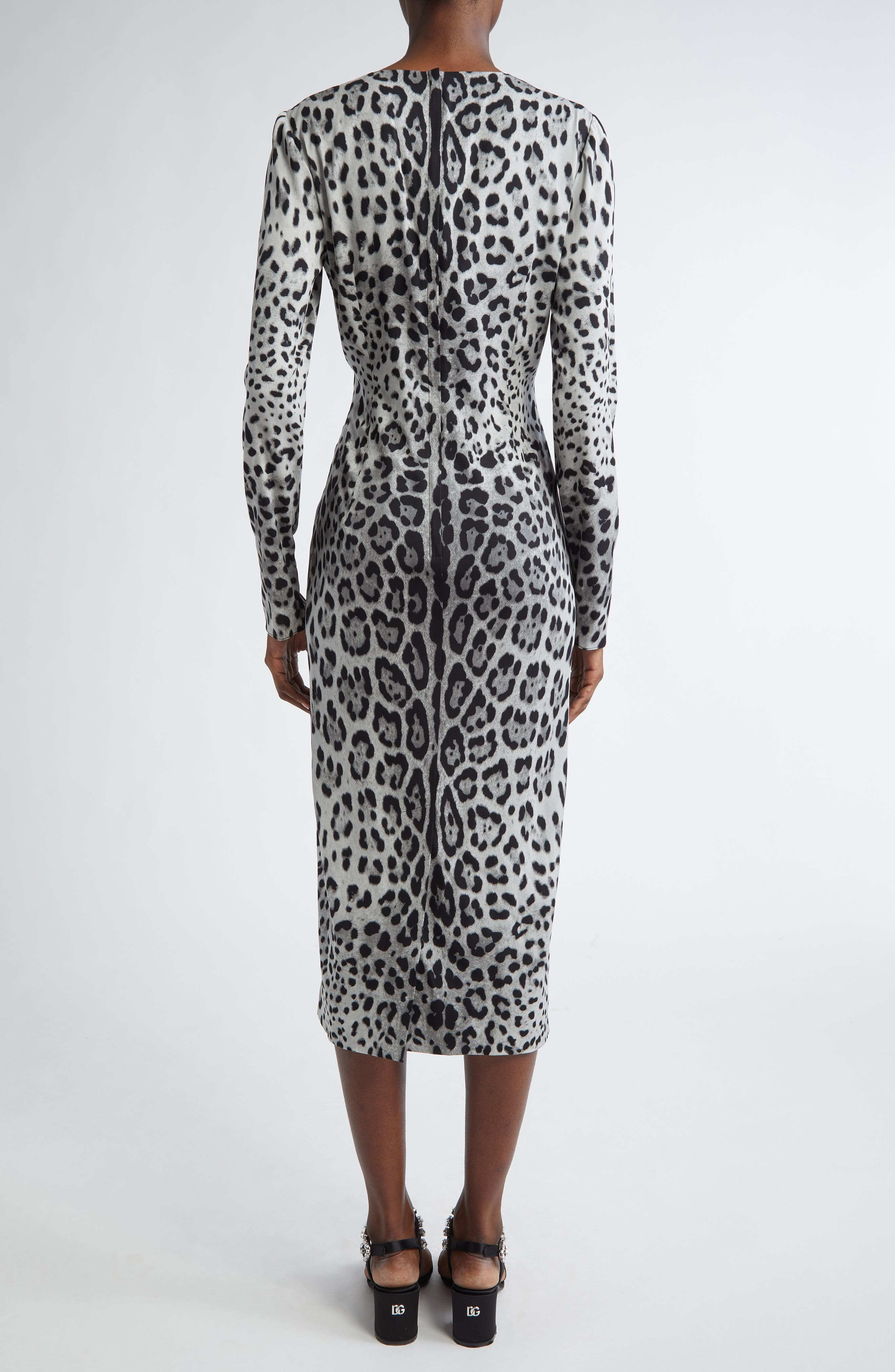 Dolce&Gabbana Leopard Print Long Sleeve Charmeuse Sheath Dress in Hi13N Leo Nero Fdo Grigio at Nords - 2