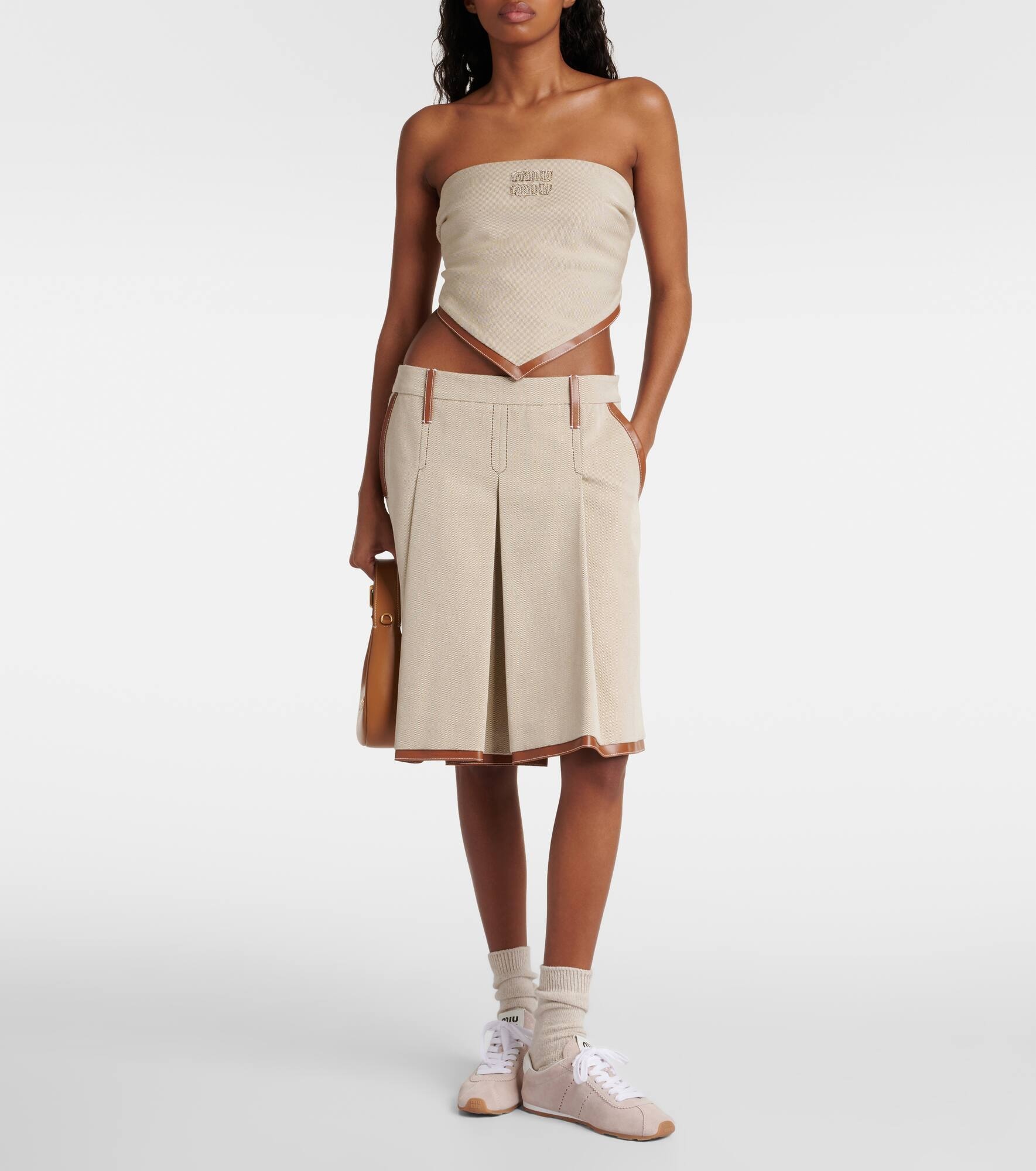 Leather-trimmed jacquard canvas midi skirt - 6