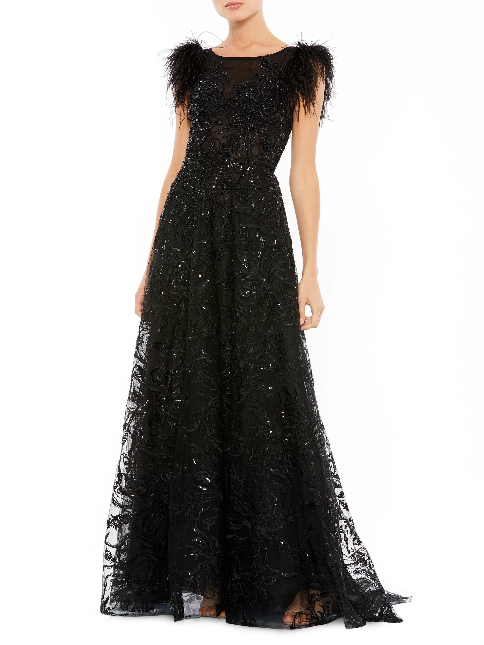 Women's Feathered A-Line Gown - Black - 1