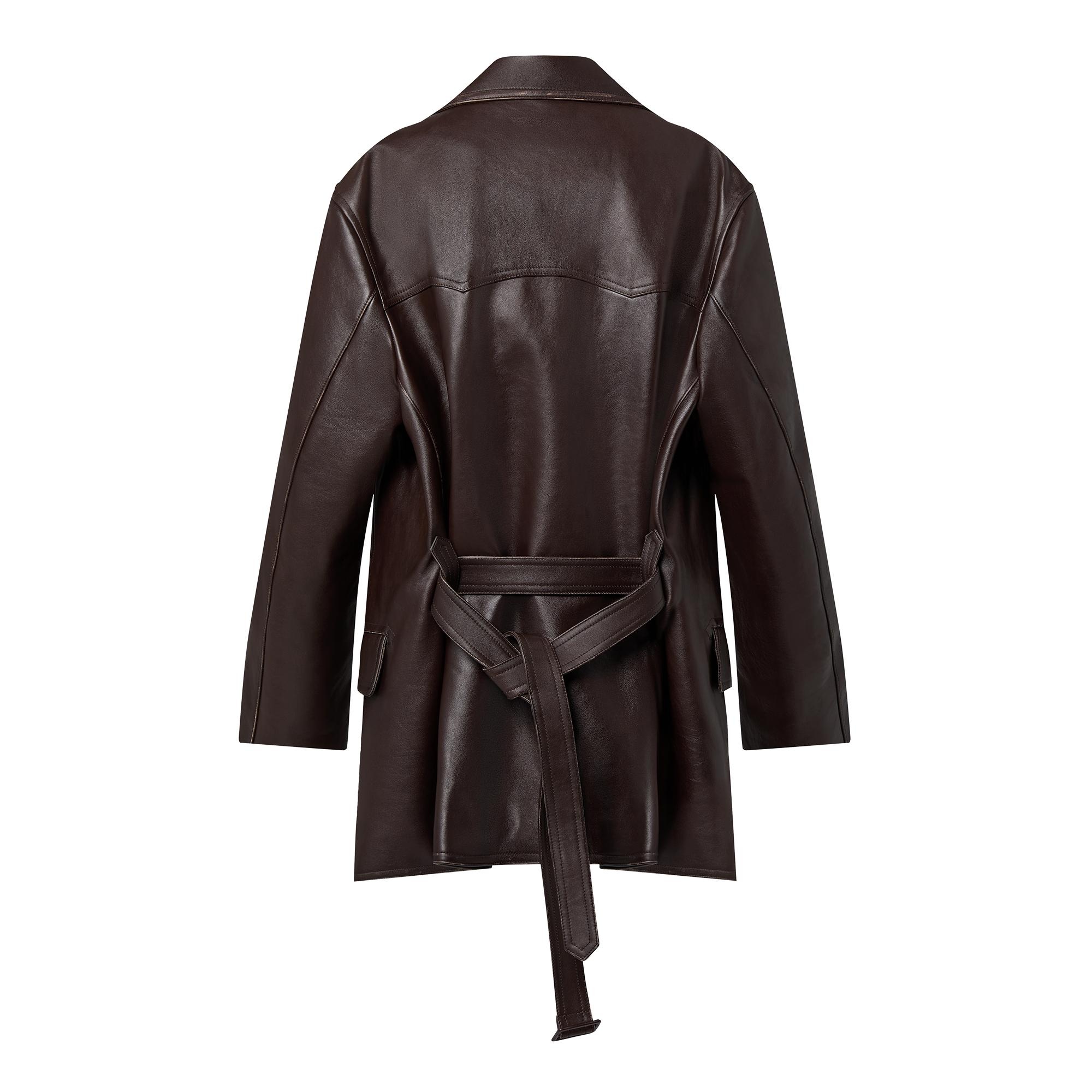 Vintage-Look Belted Leather Coat - 3