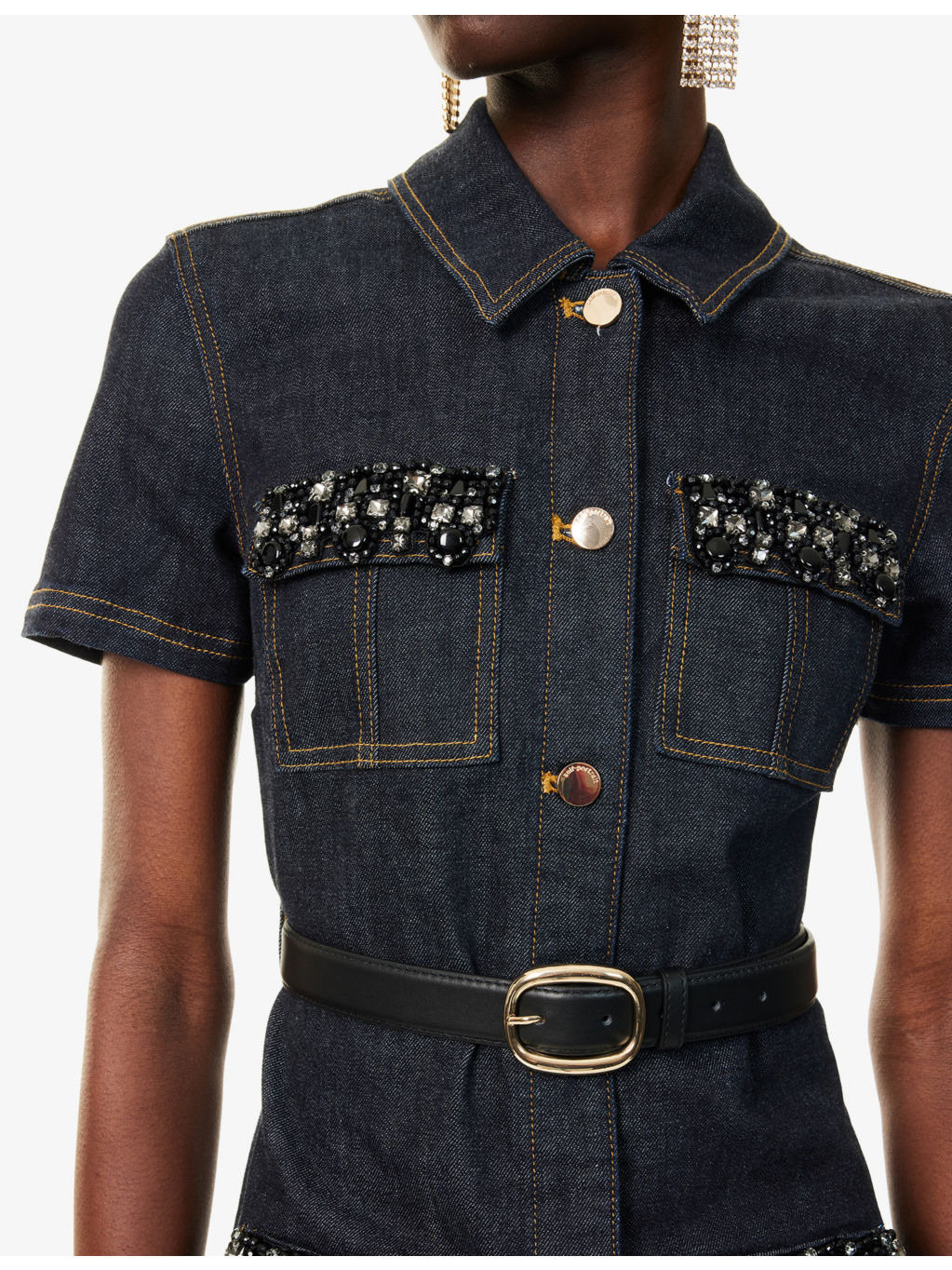 Crystal Short-Sleeves Stretch-Denim Blend Mini Dress - 5