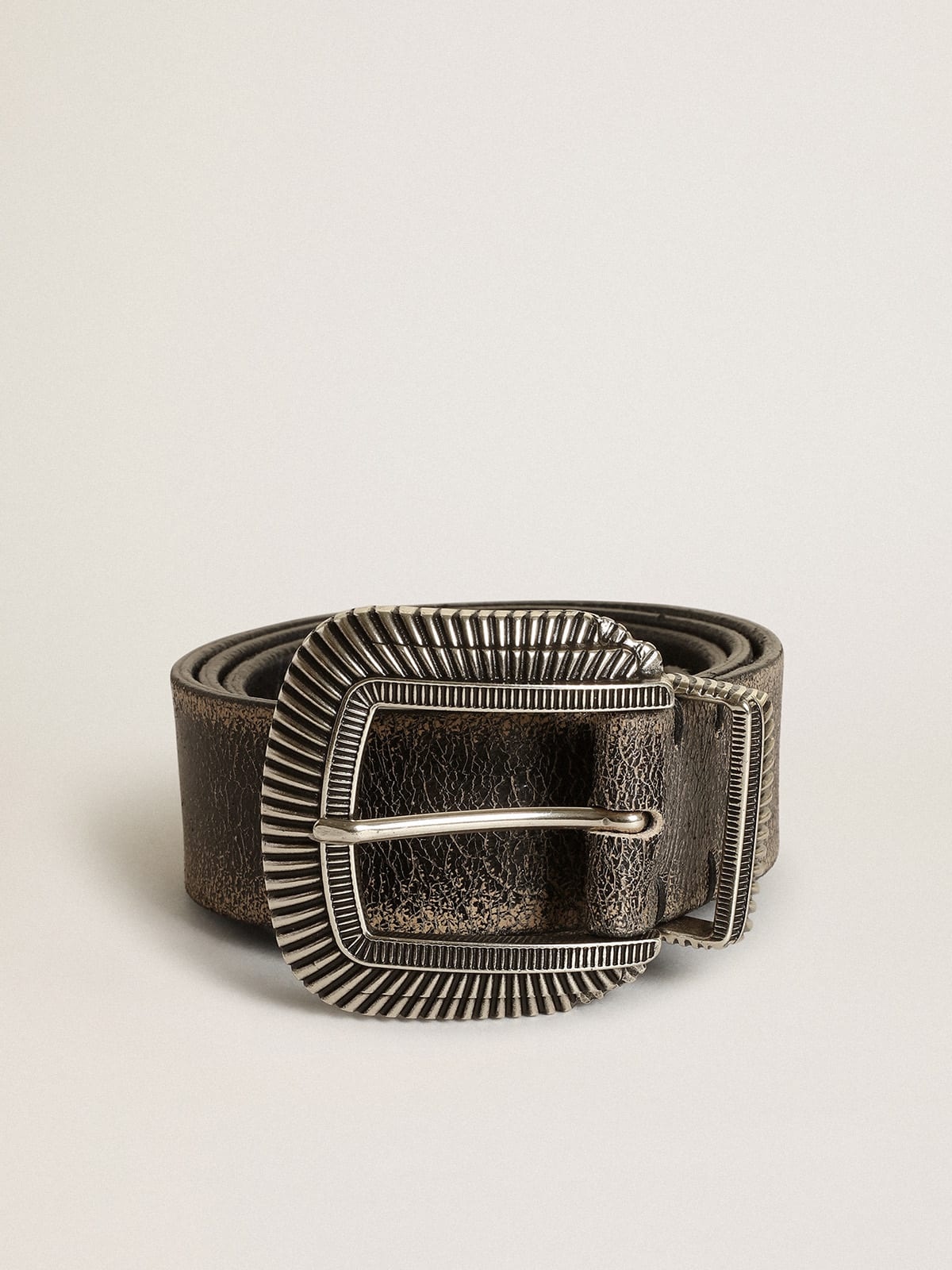Men's belt in black leather with decorated buckle - 1