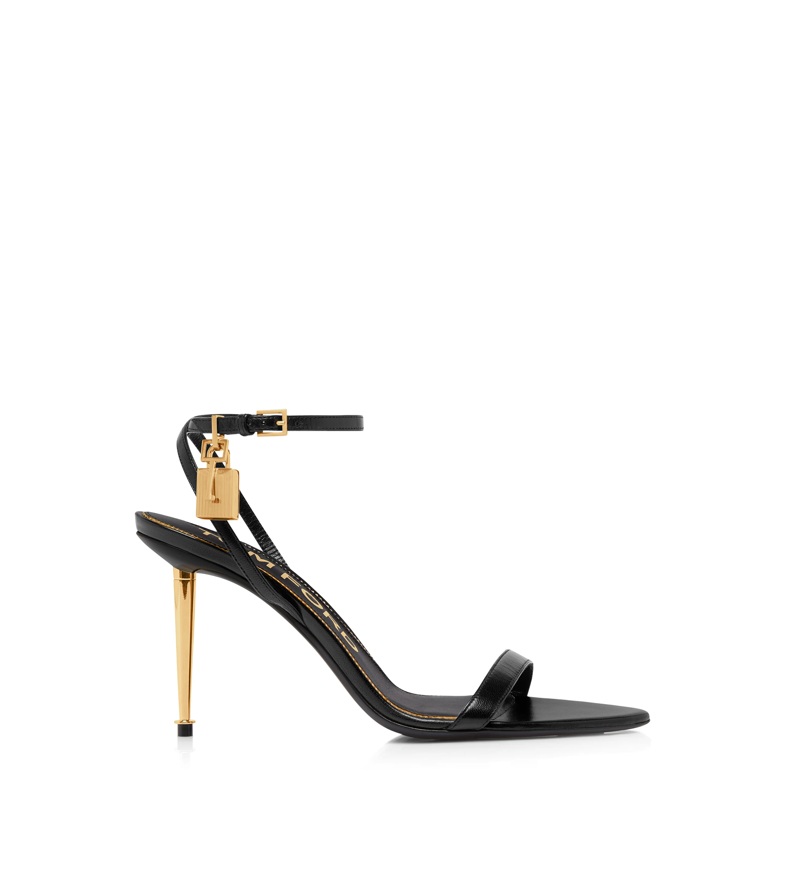 SHINY LEATHER PADLOCK POINTY NAKED SANDAL 85MM - 1