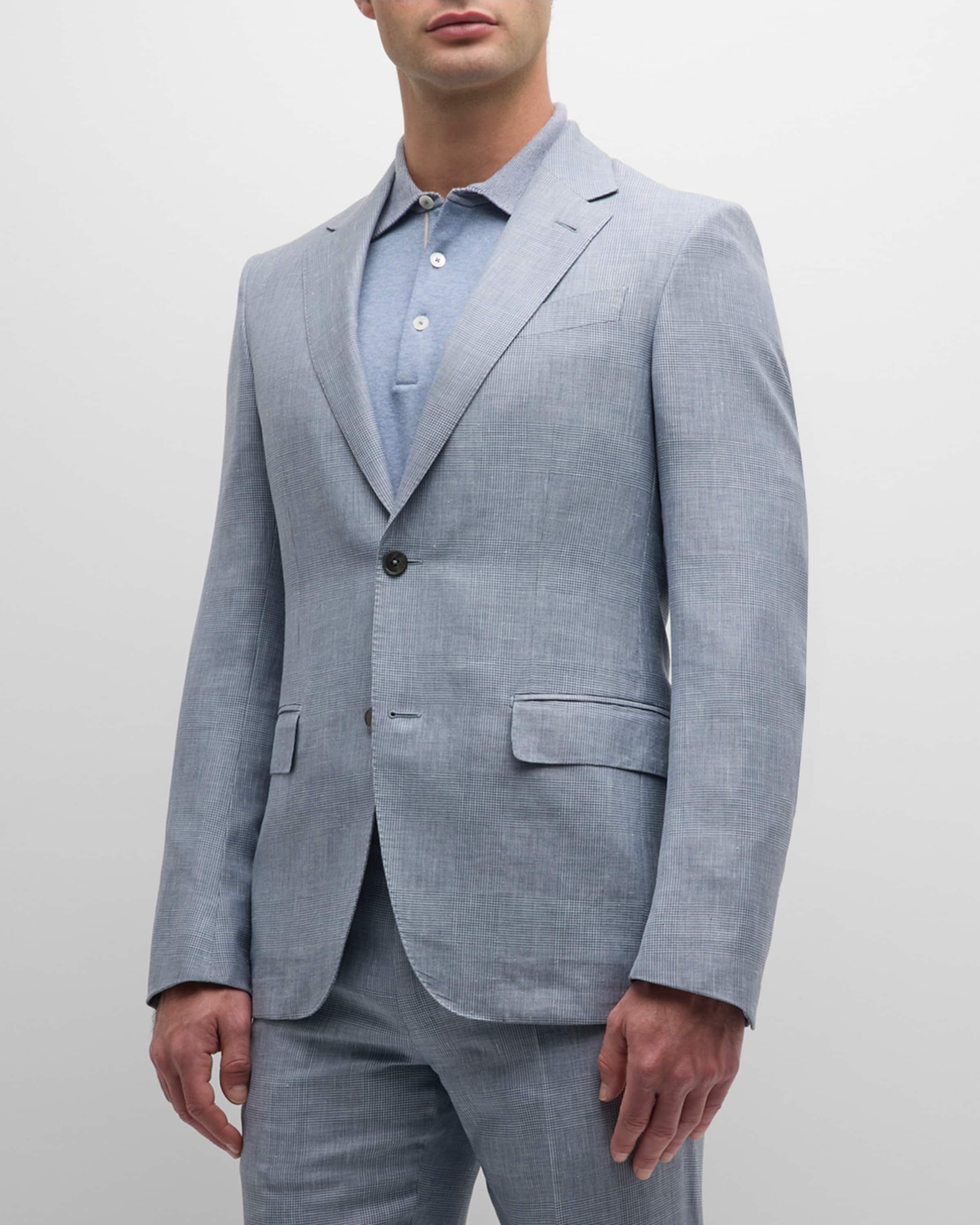 Men's Plaid Crossover Wool Linen Suit - 4