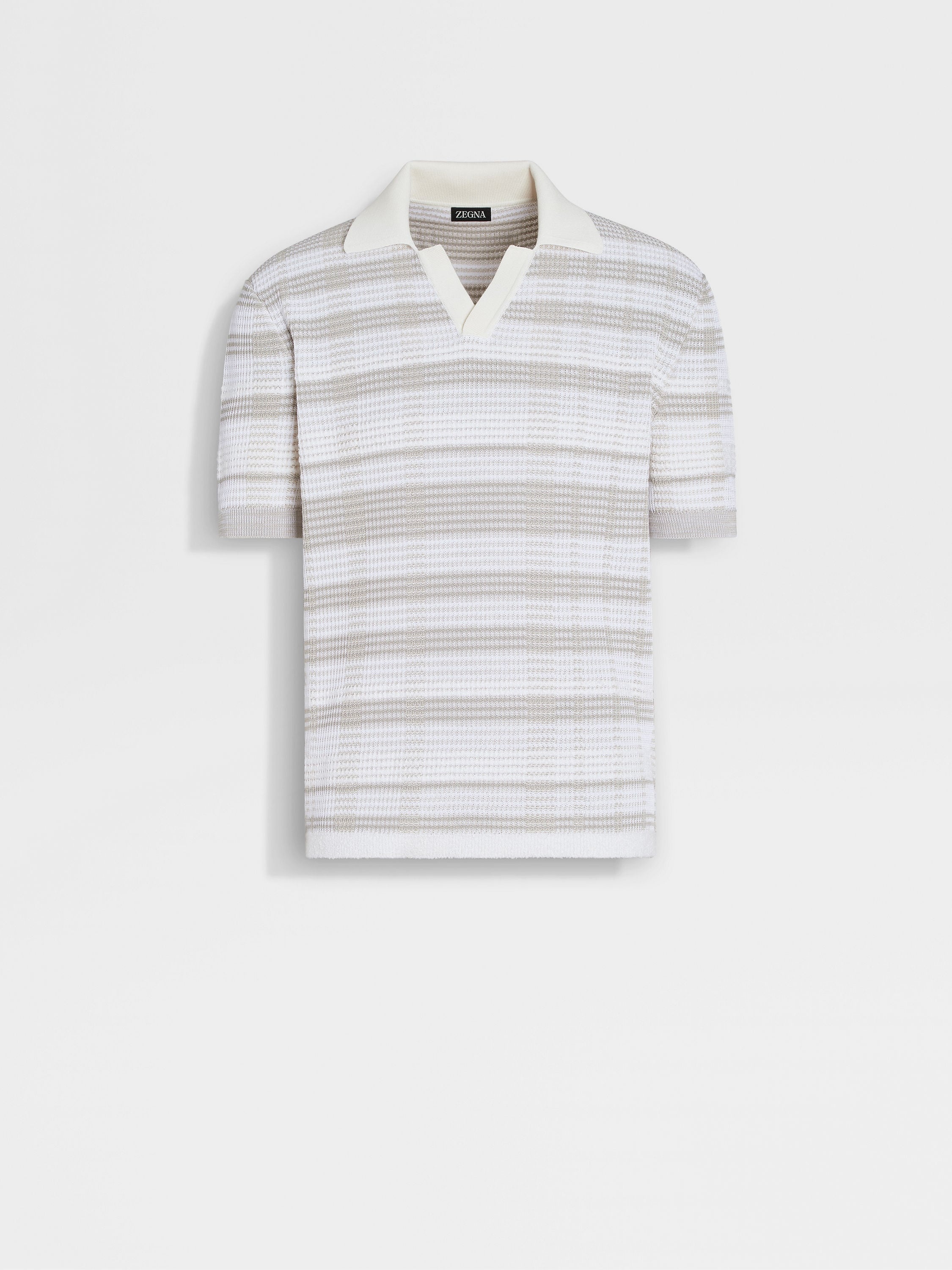 WHITE AND DARK TAUPE COTTON AND SILK BLEND POLO SHIRT - 1