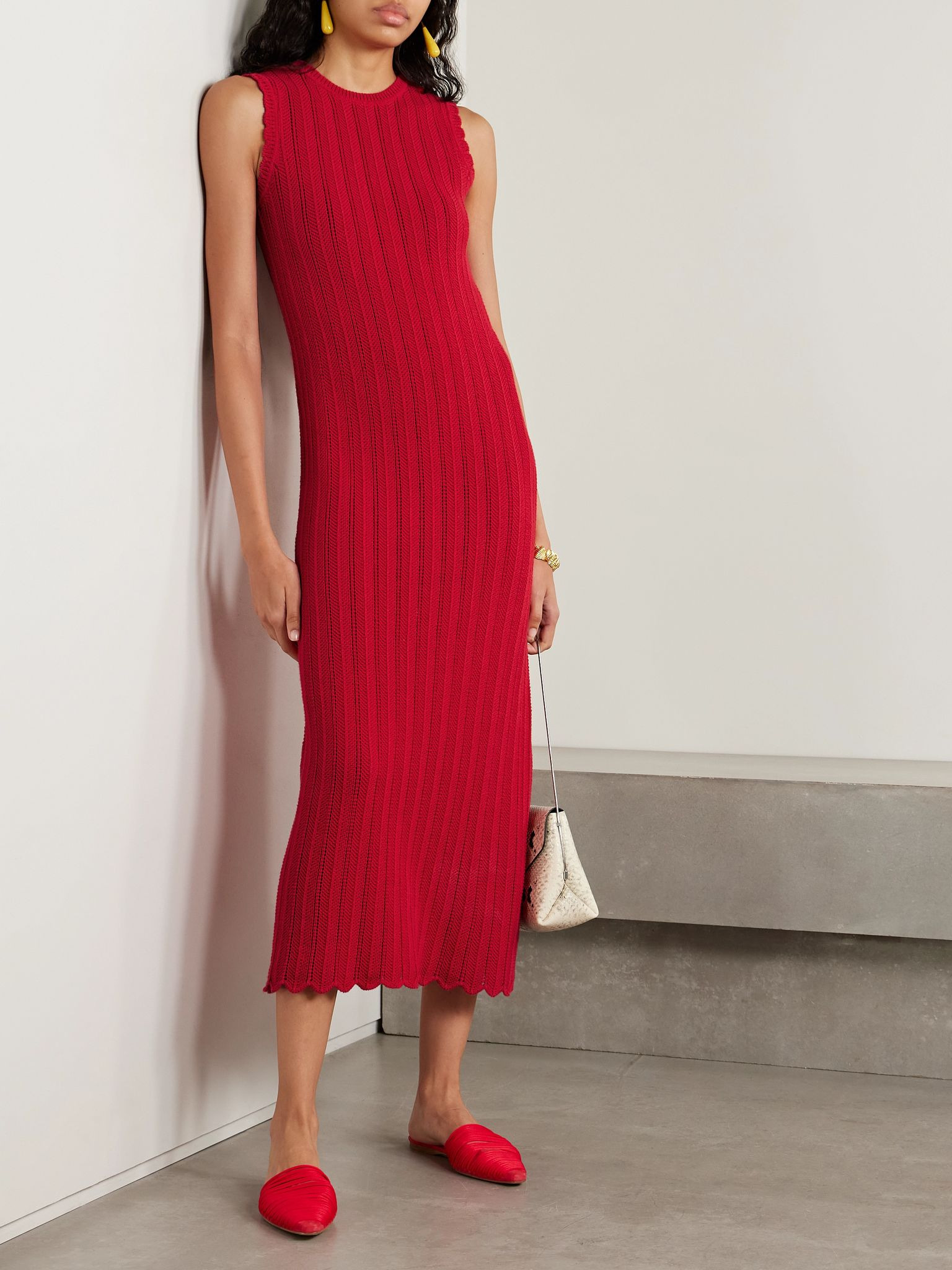 Sissi ribbed open-knit organic cotton midi dress Red - 2