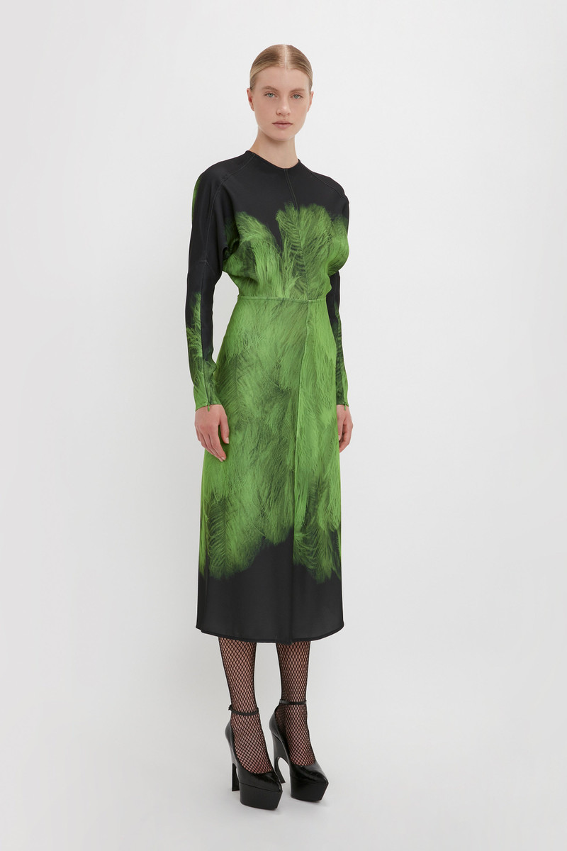 green feather print dress Feather Print V-Neck Dress Green / L main image 1